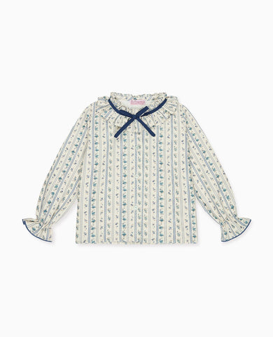 Blue Floral Stripe Felixa Long Sleeve Baby Girl Shirt