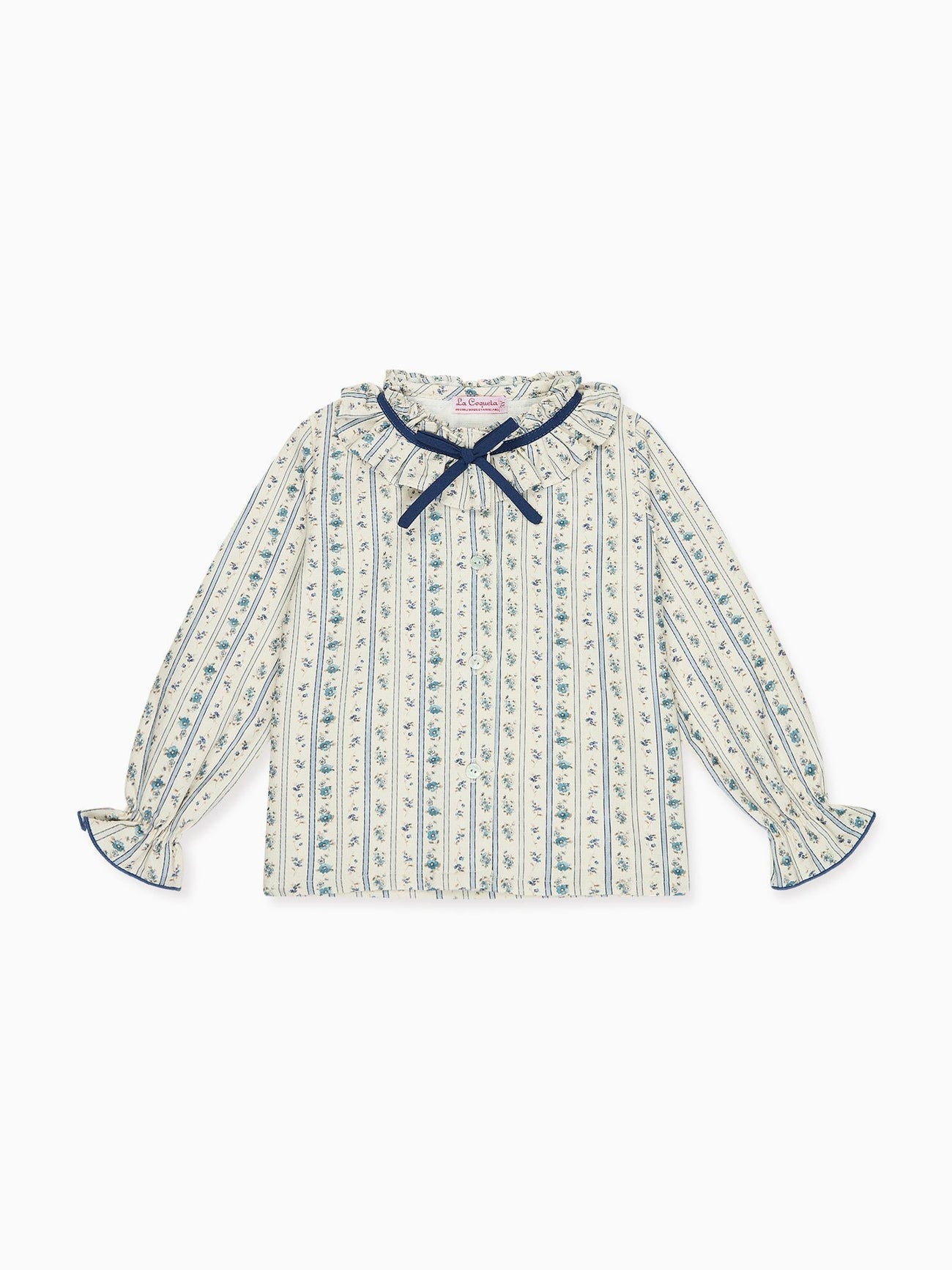 Blue Floral Stripe Felixa Long Sleeve Baby Girl Shirt