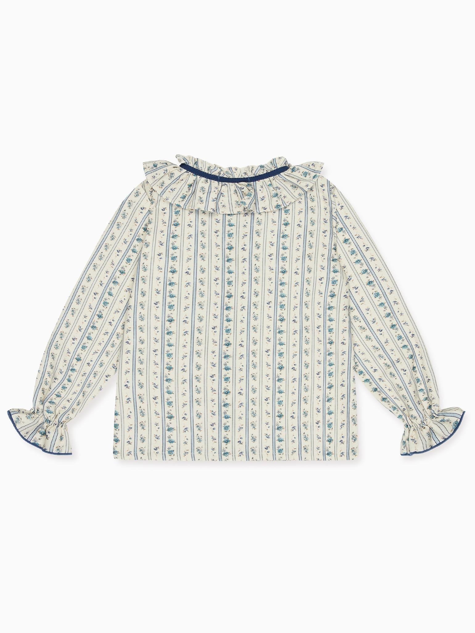 Blue Floral Stripe Felixia Long Sleeve Girl Shirt