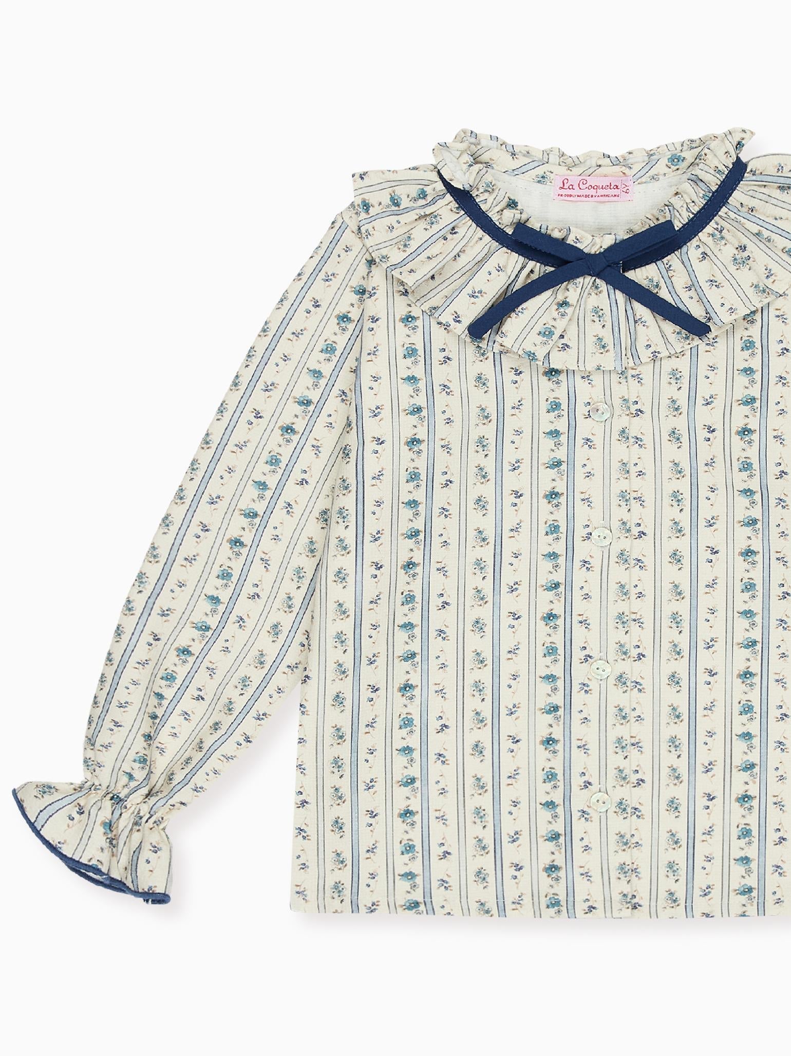 Blue Floral Stripe Felixia Long Sleeve Girl Shirt