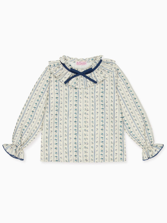 Blue Floral Stripe Felixia Long Sleeve Girl Shirt