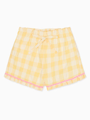 Yellow Gingham Flores Cotton Girl Shorts