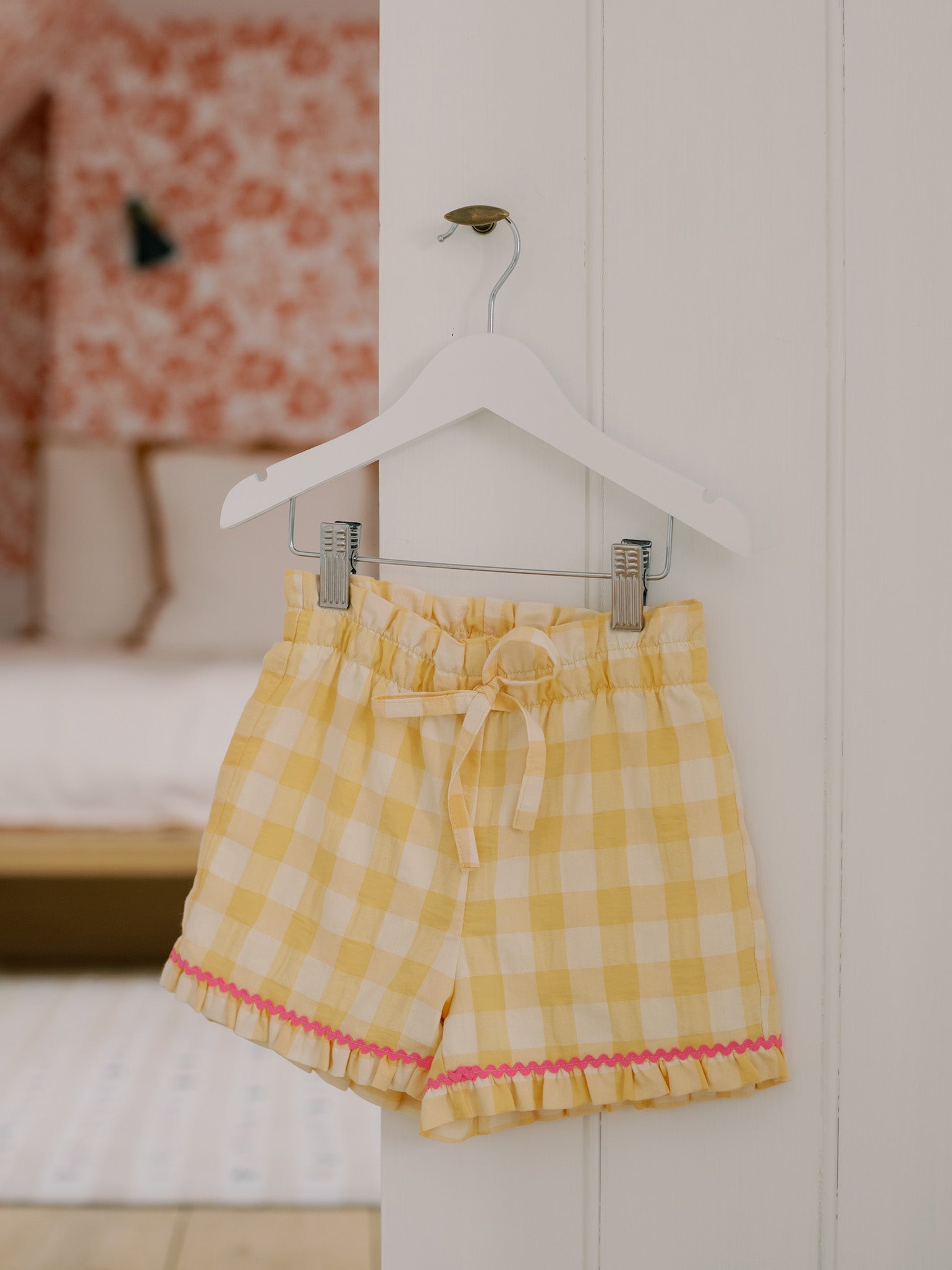 Yellow Gingham Flores Cotton Girl Shorts