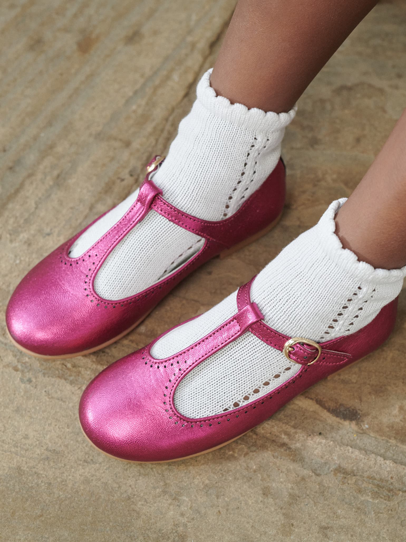 Metallic Fuchsia Leather Girl T-Bar Shoes