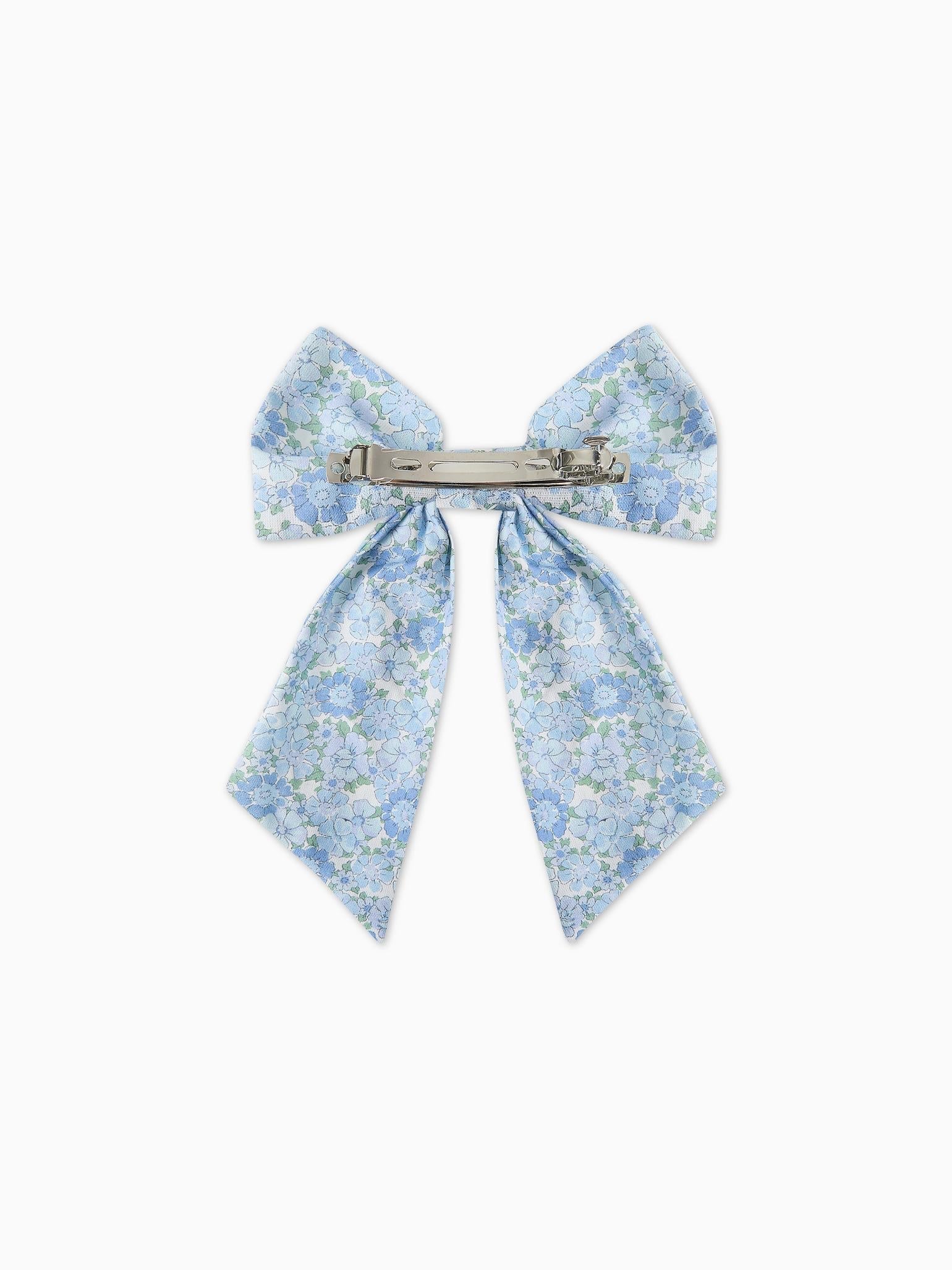 Blue Floral Girl Large Long Bow Clip