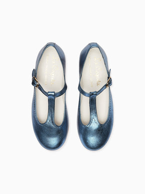 Blue Metallic Leather Girl T-Bar Shoes