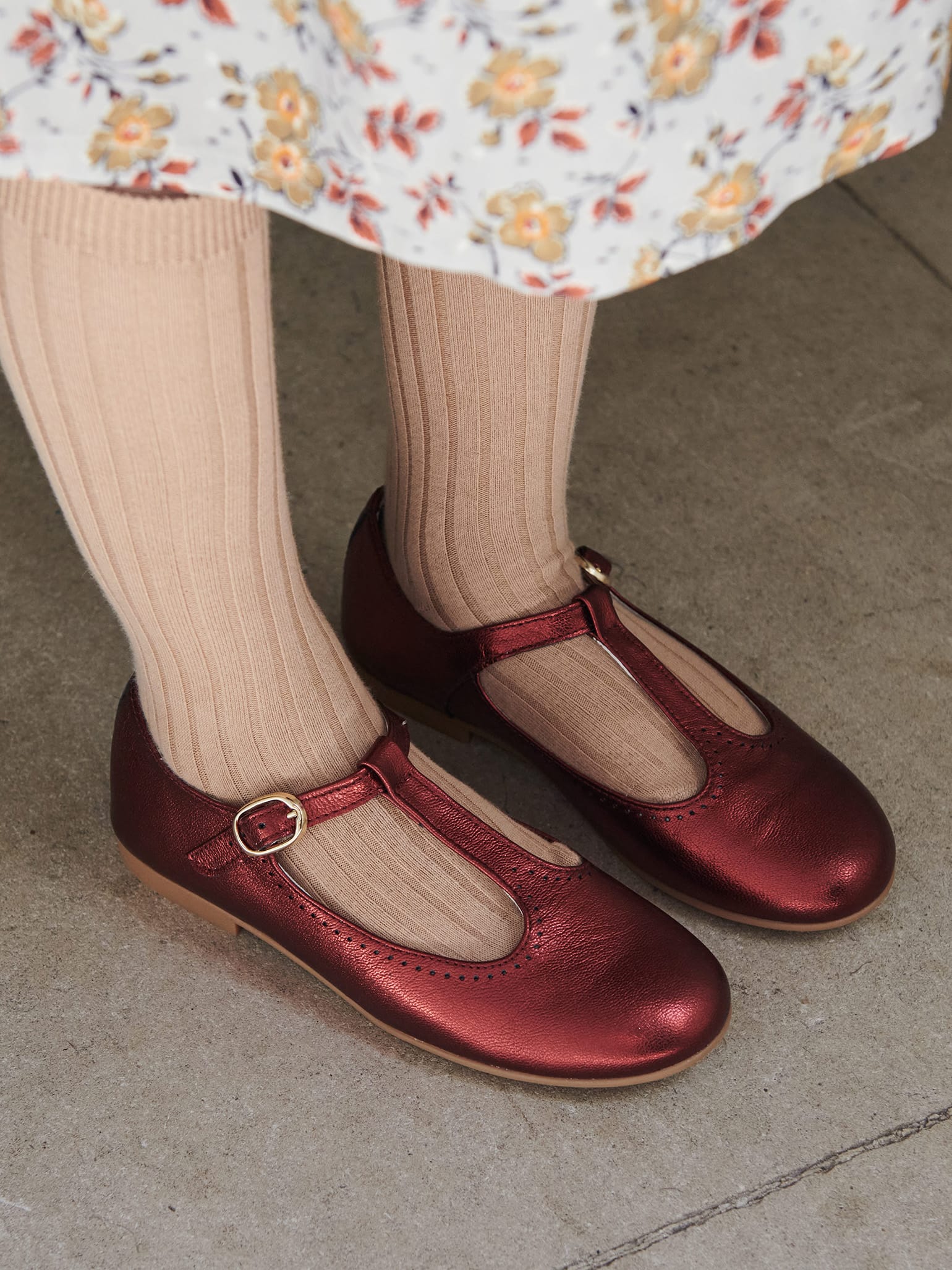 Red Metallic Leather Girl T-Bar Shoes