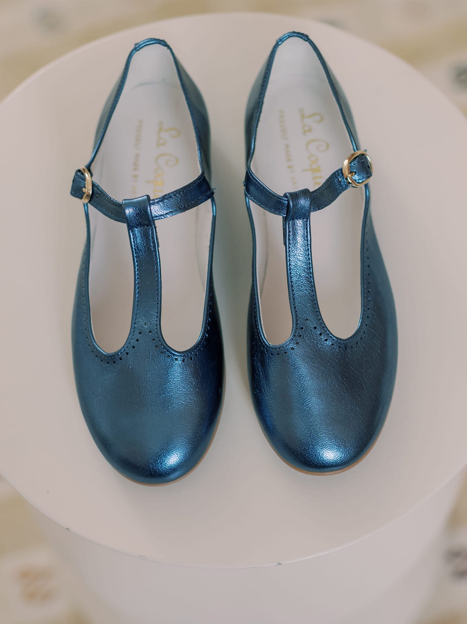 Blue Metallic Leather Girl T-Bar Shoes