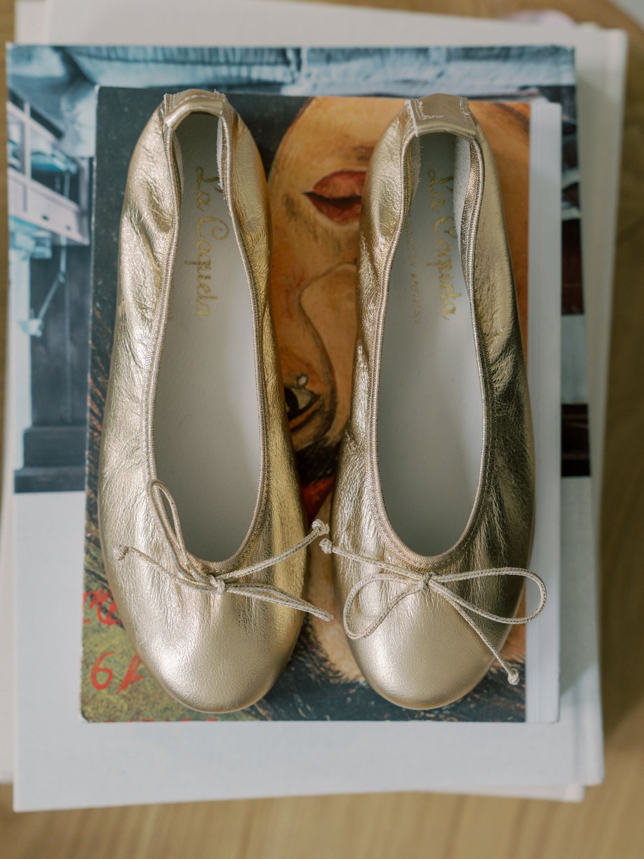 Gold Leather Girl Bow Ballerina Shoes