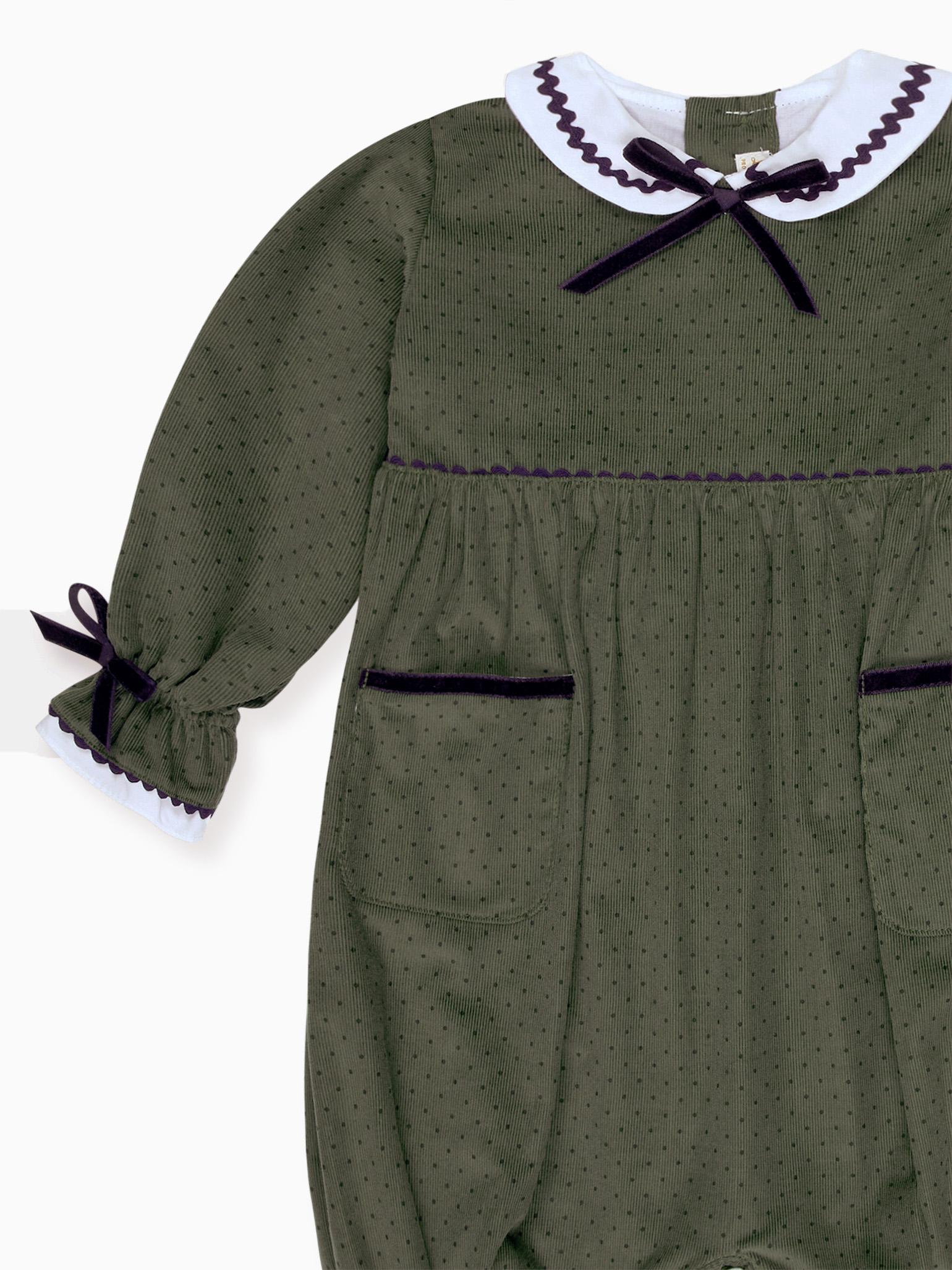 Olive Polka Dot Granada Corduroy Baby Girl Romper