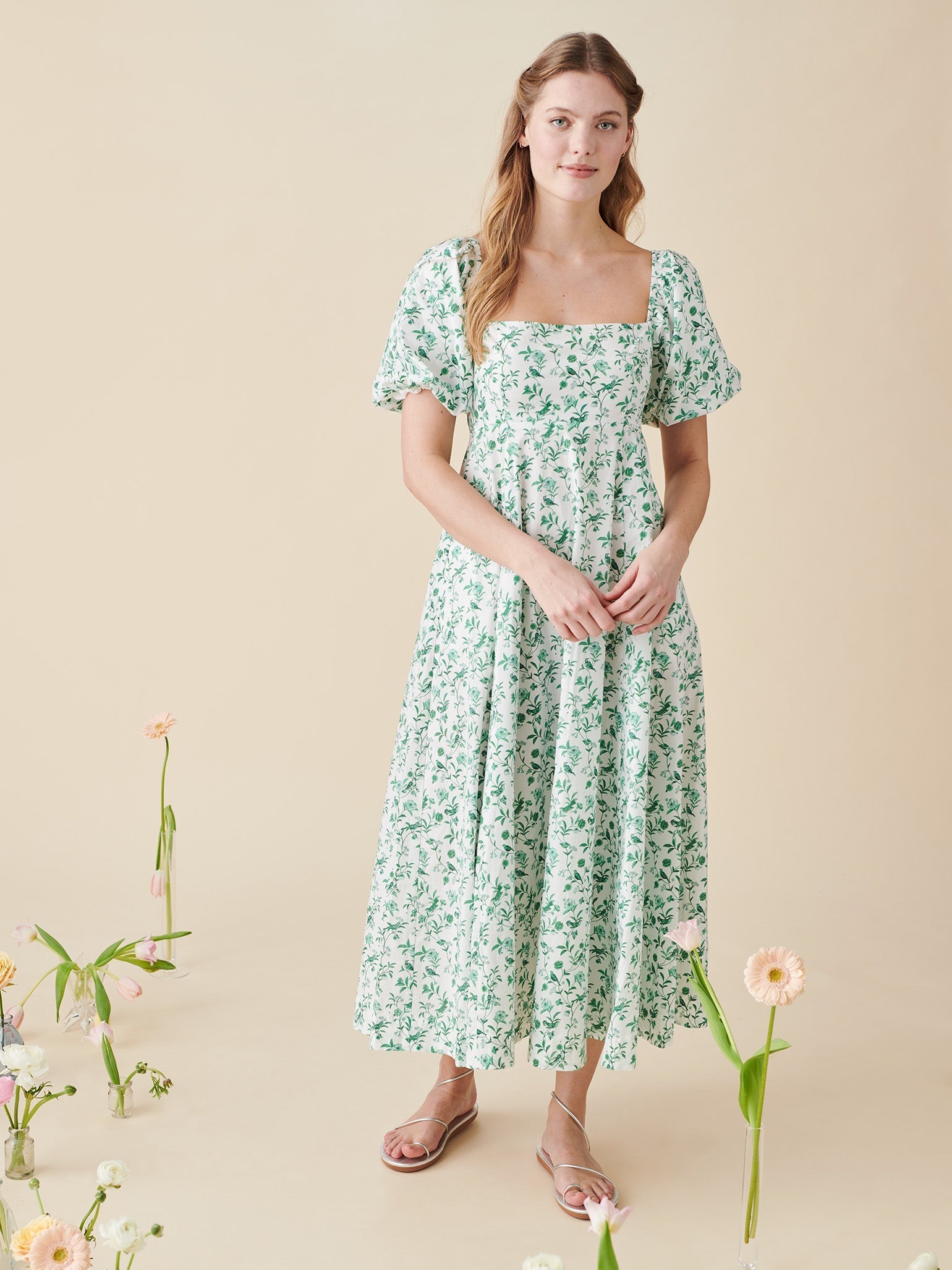 Hill House Home X La Coqueta Green Bird Floral Matilda Dress