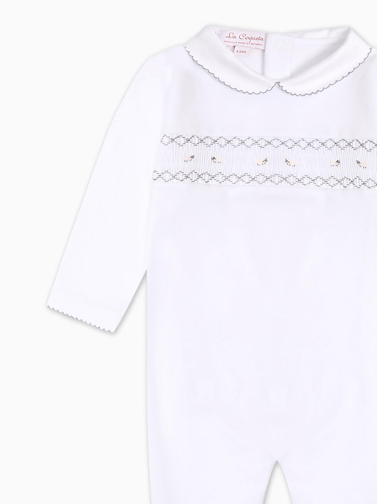 White Lamb Baby Girl Hand-Smocked Sleepsuit