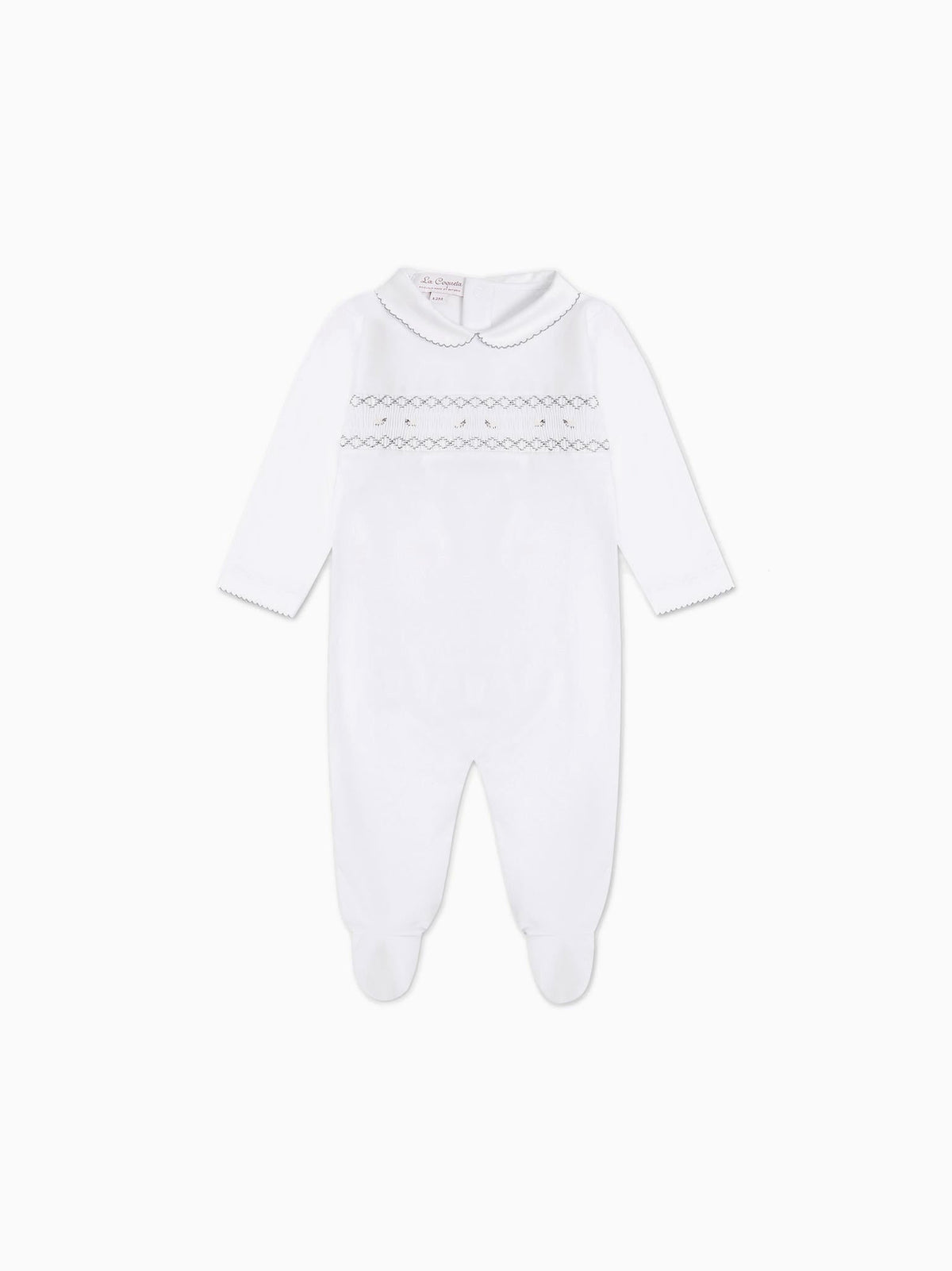 White Lamb Baby Girl Hand-Smocked Sleepsuit