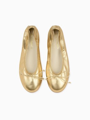 Gold Leather Girl Bow Ballerina Shoes