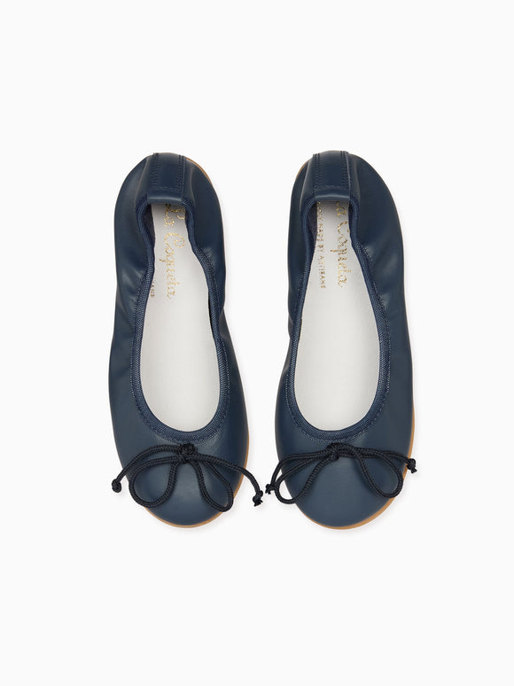 Navy Leather Girl Bow Ballerina Shoes