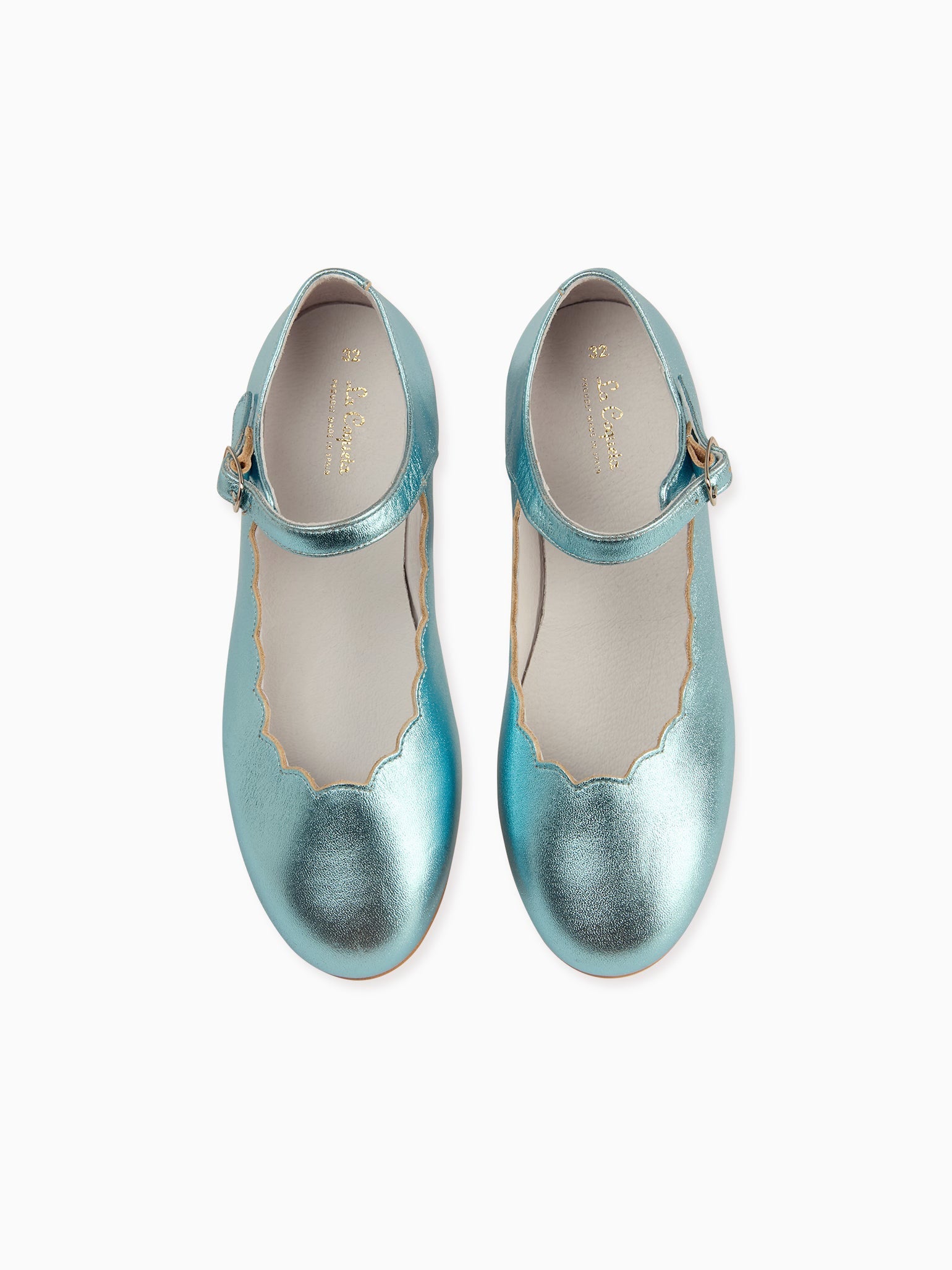 Metallic Blue Leather Girl Scallop Mary Jane Shoes