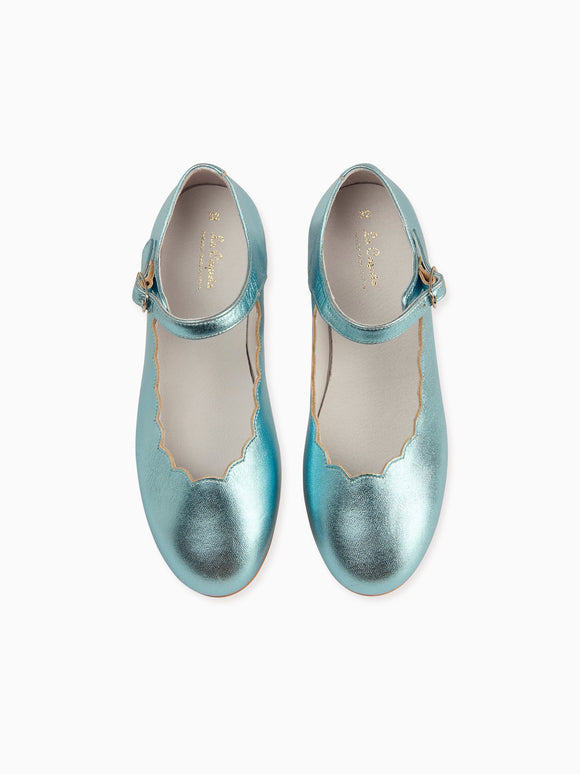 Metallic Blue Leather Girl Scallop Mary Jane Shoes