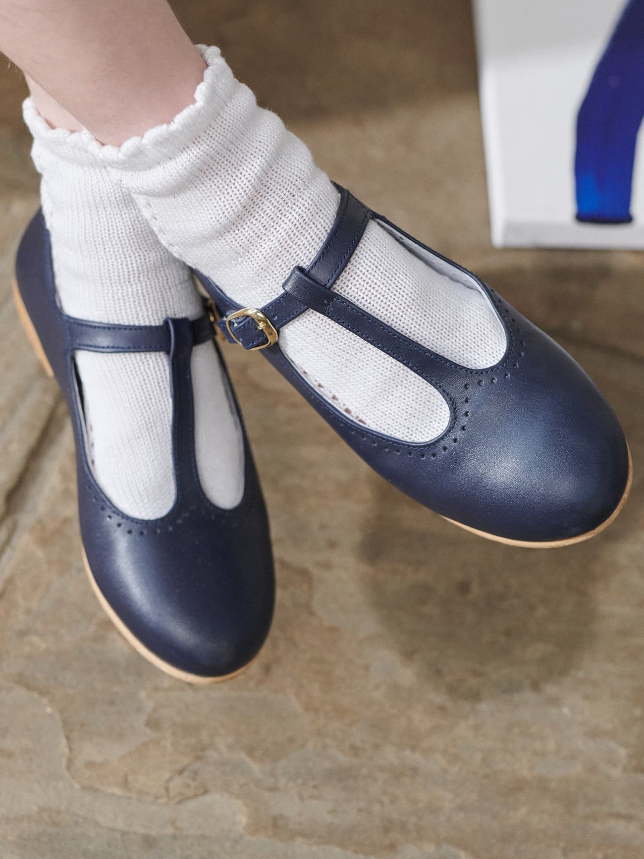 Navy Leather Girl T-Bar Shoes