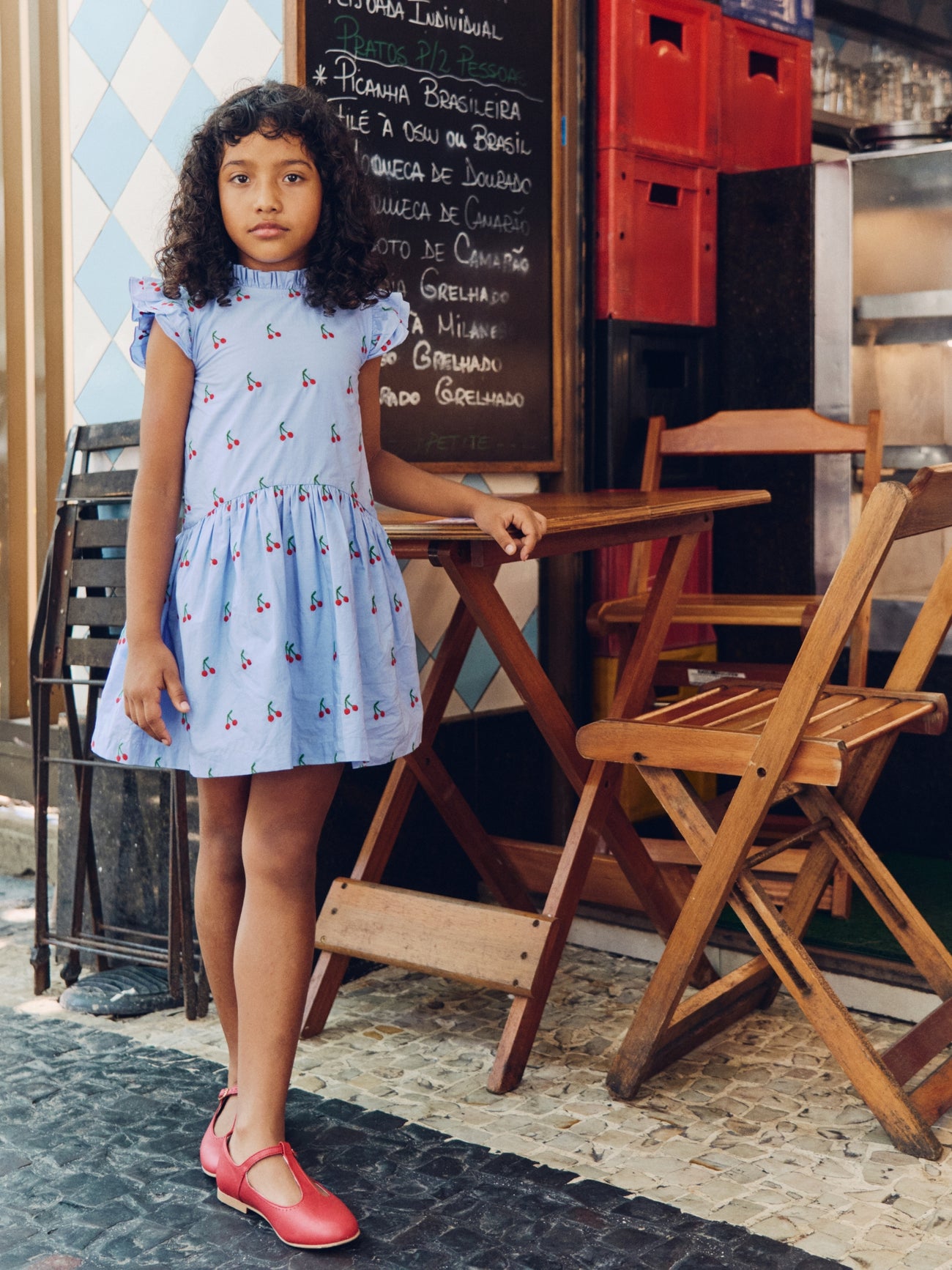 Light Blue Cherry Rita Girl Drop Waist Dress