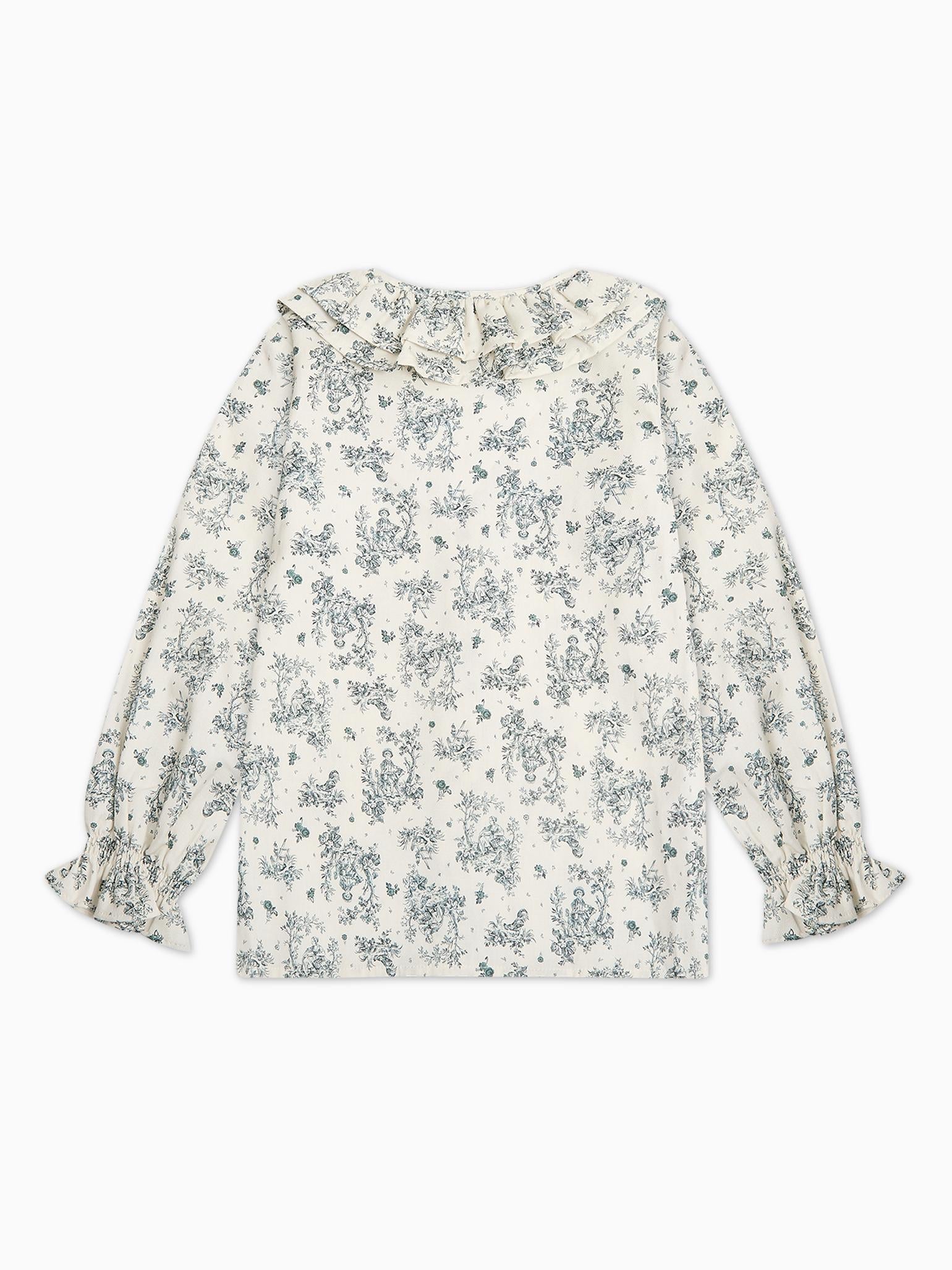 Green Toile Du Jouy Lila Long Sleeve Girl Shirt