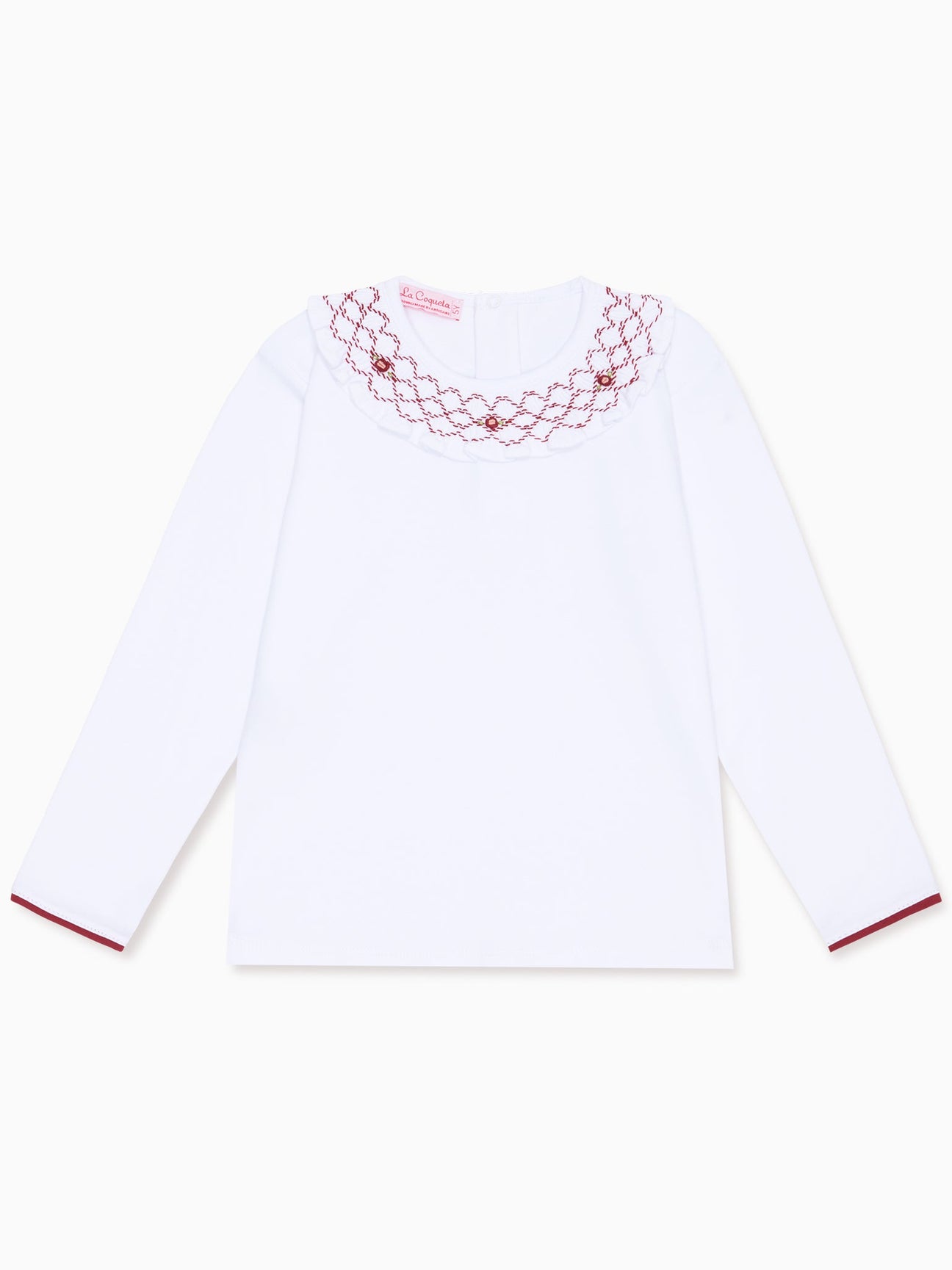White Liliana Long Sleeve Girl HandSmocked Top La Coqueta Kids