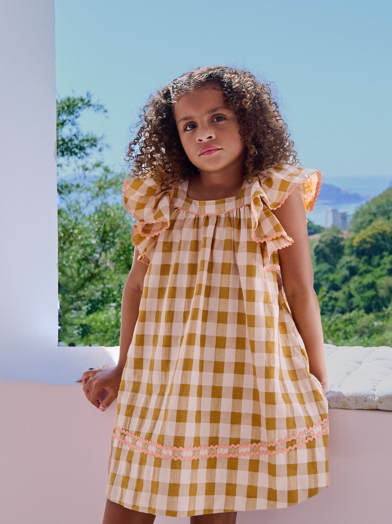 Caramel Gingham Ocra Girl Empire Dress