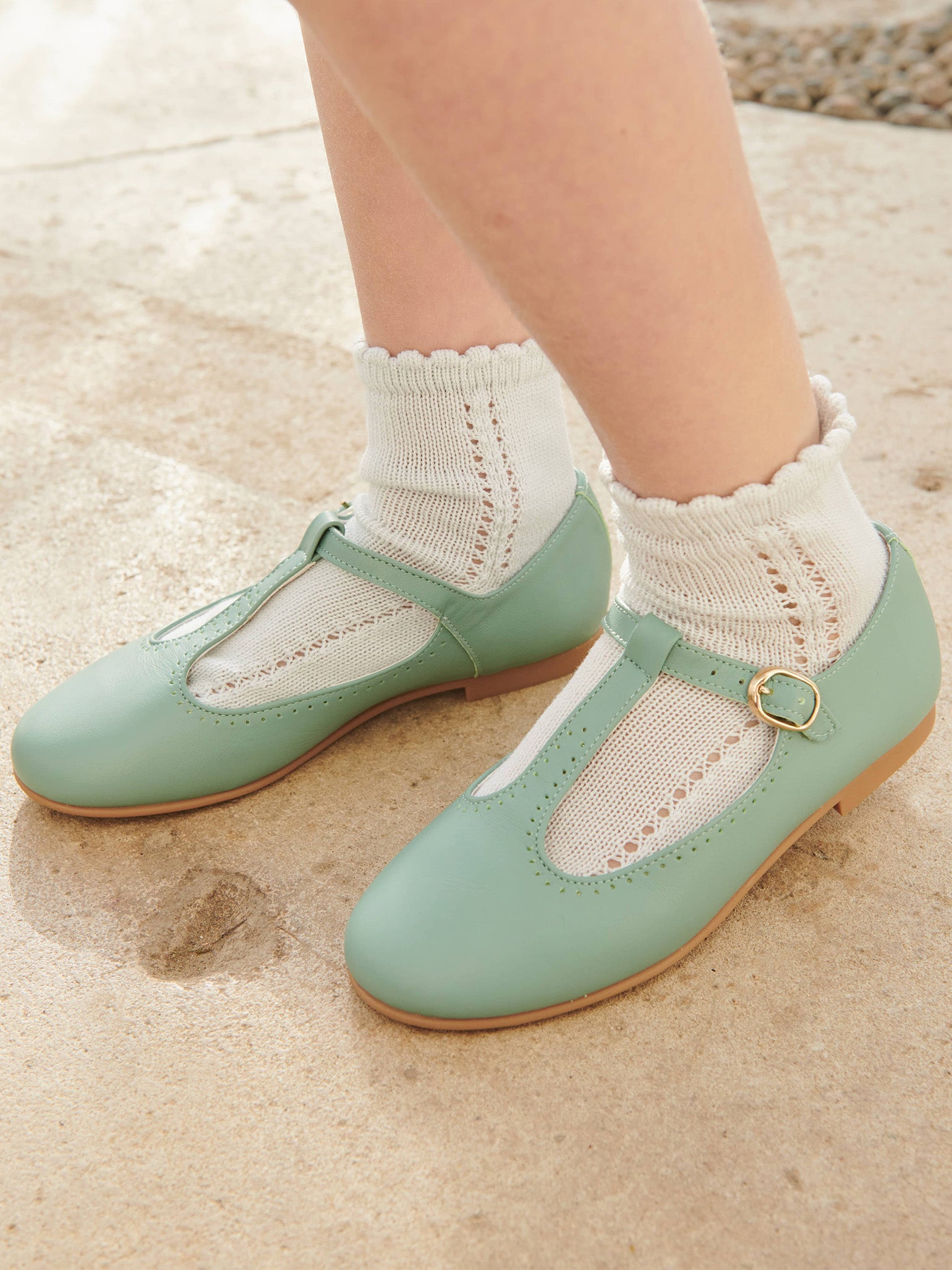Pale Green Leather Girl T-Bar Shoes