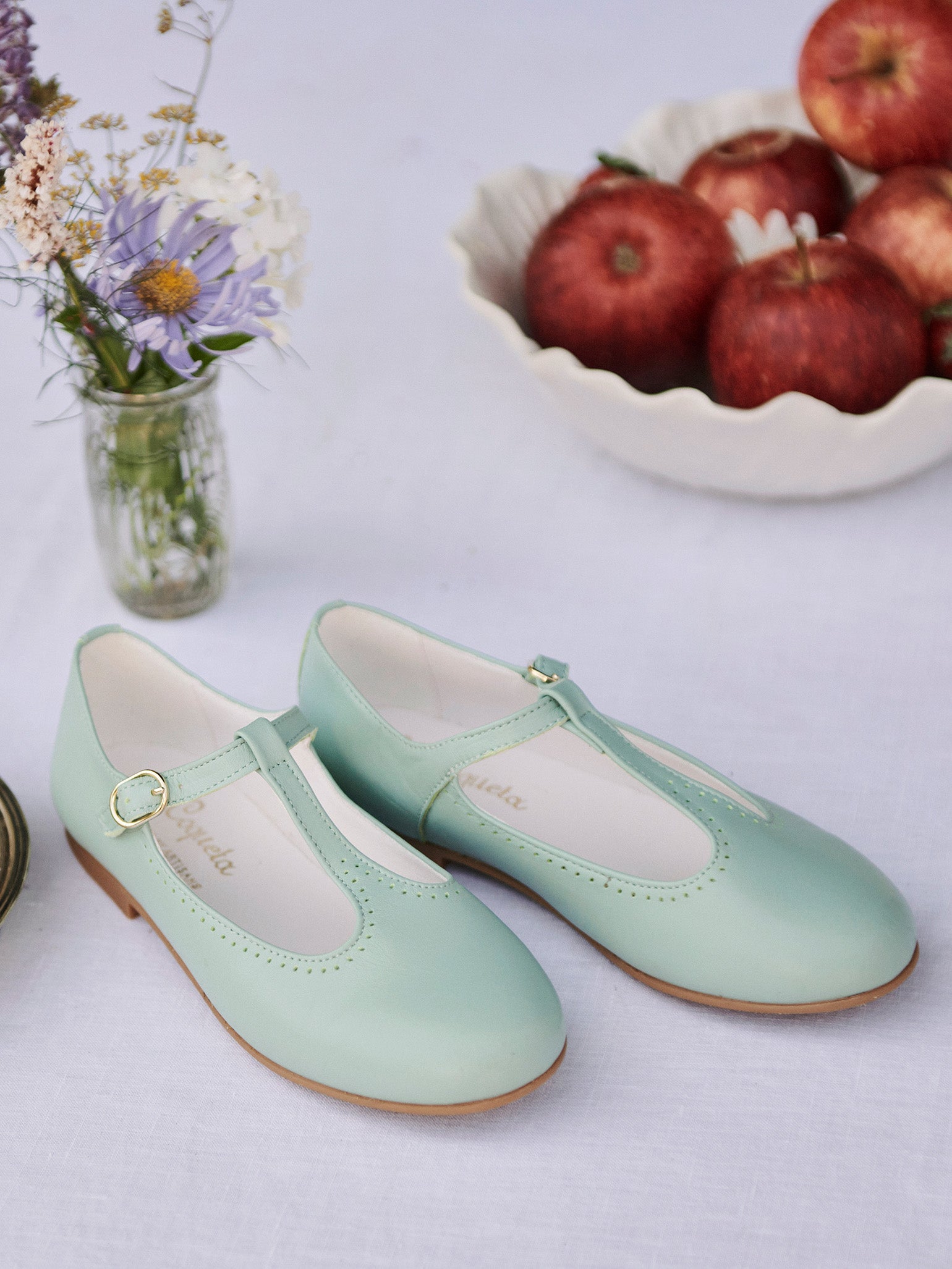 Pale Green Leather Girl T-Bar Shoes