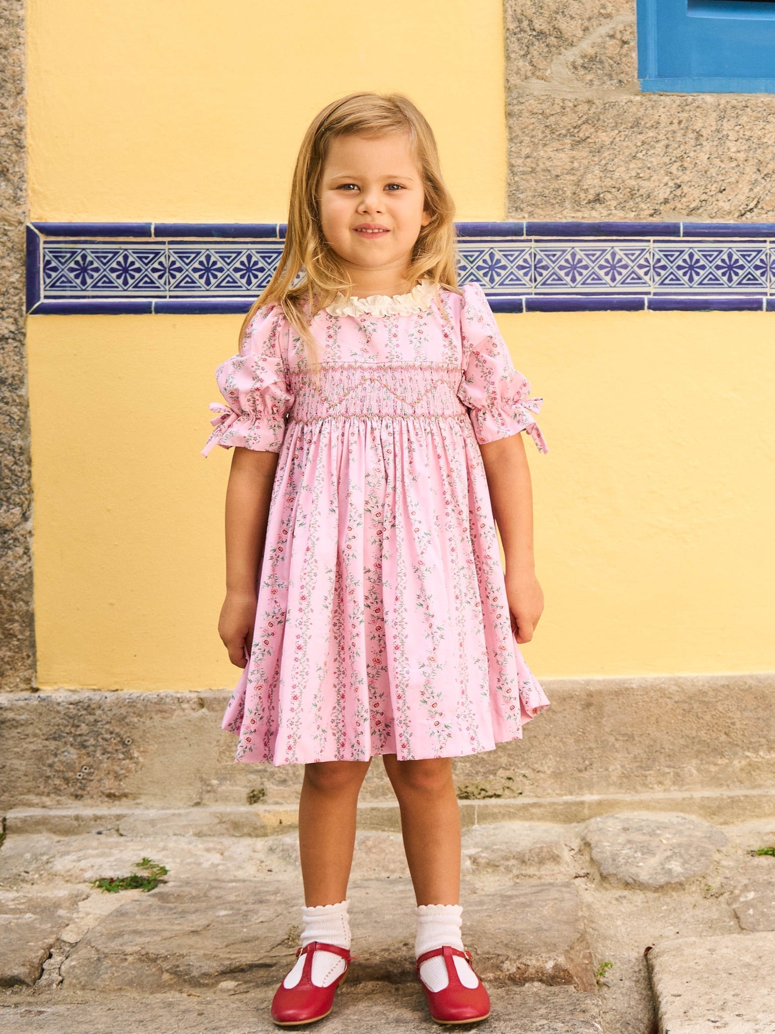 Pink Garland Floral Penelope Girl Hand-Smocked Dress