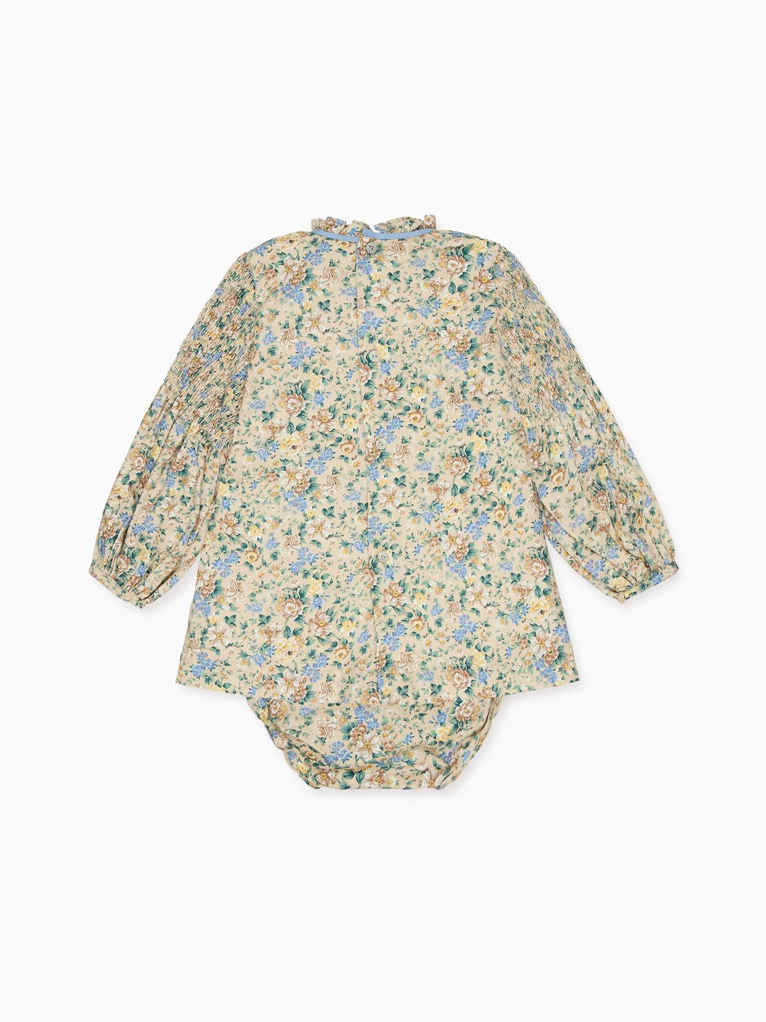 Beige Floral Raya Baby Girl Hand-Smocked Set