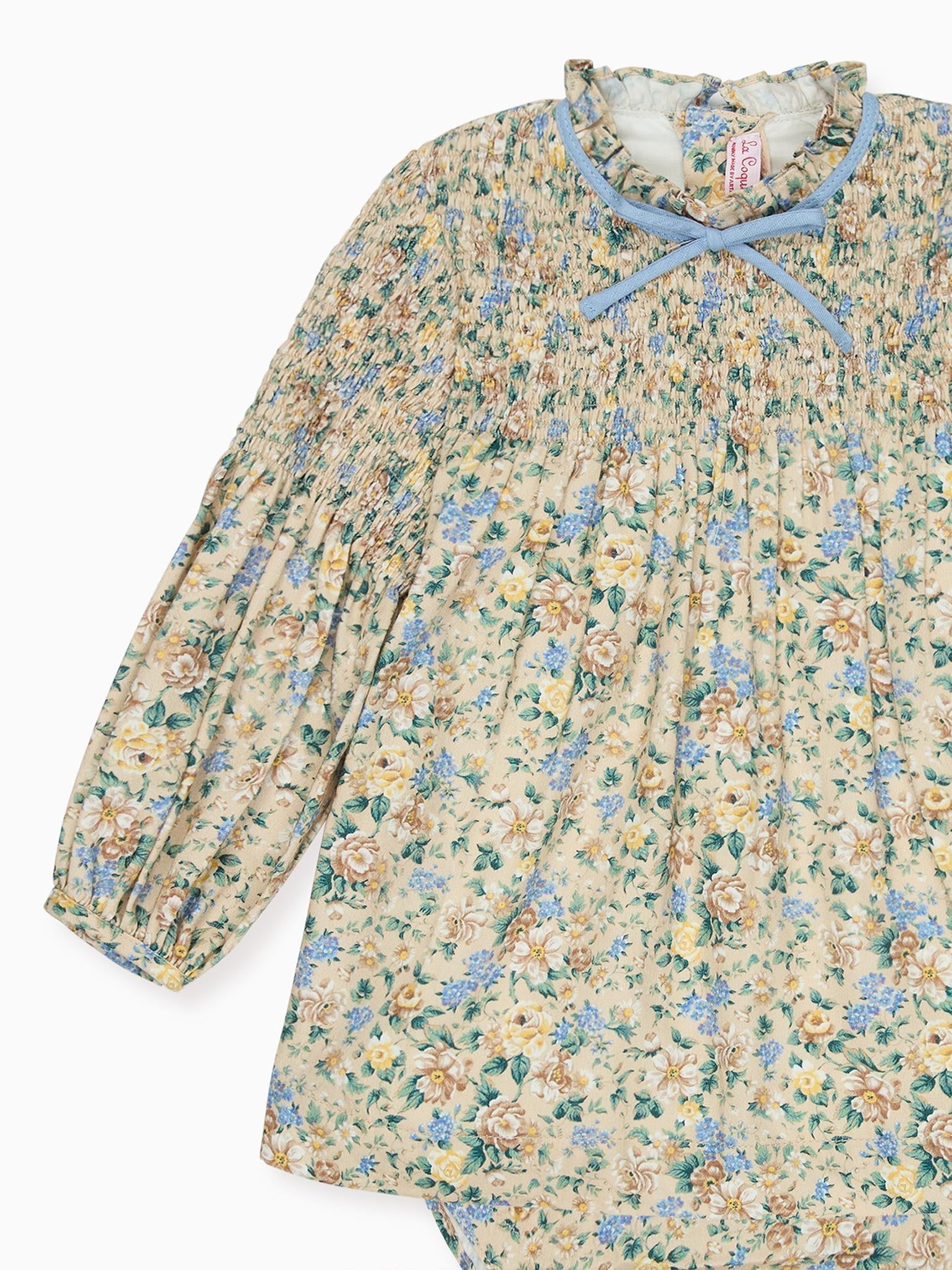 Beige Floral Raya Baby Girl Hand-Smocked Set
