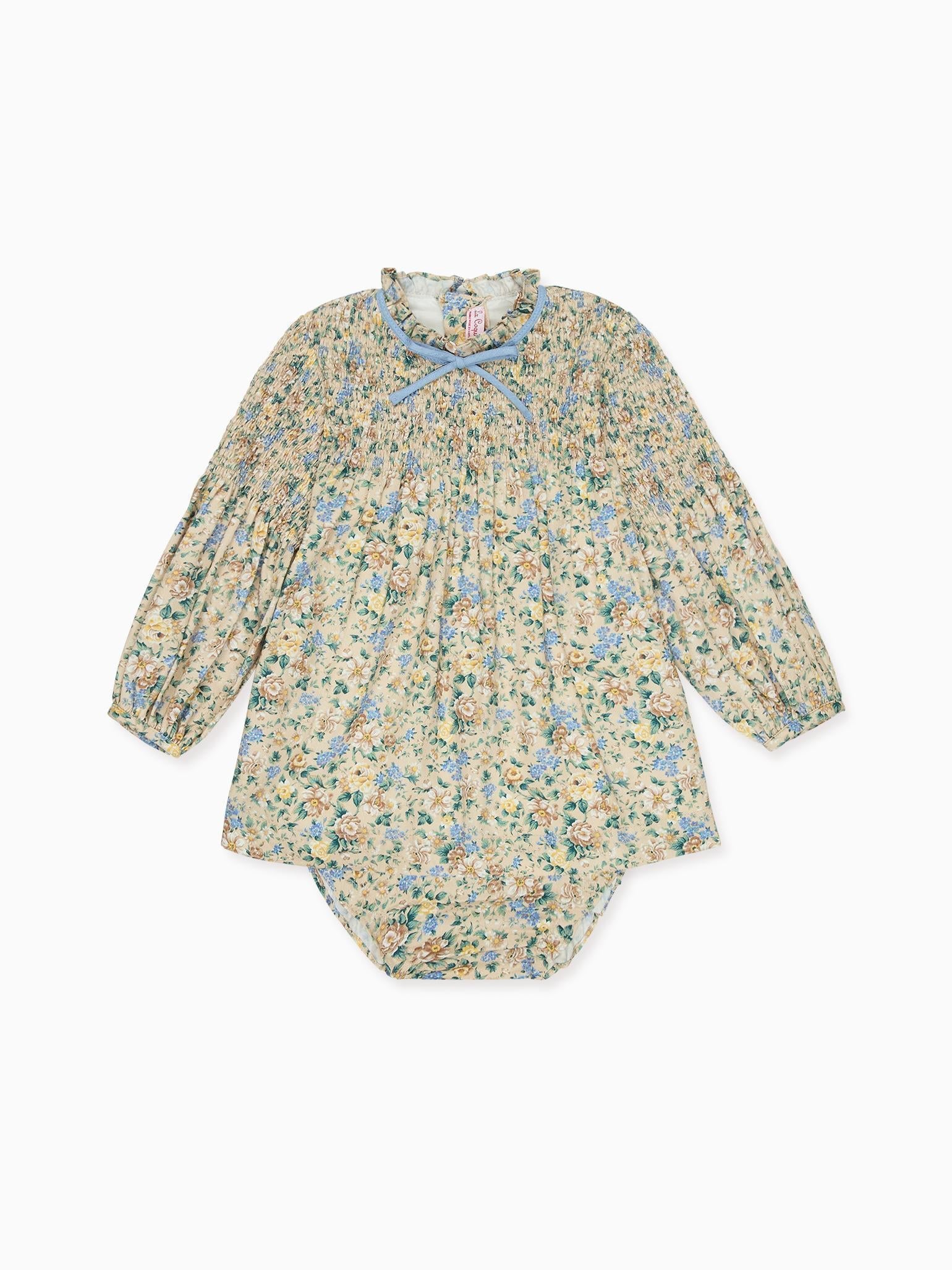 Beige Floral Raya Baby Girl Hand-Smocked Set