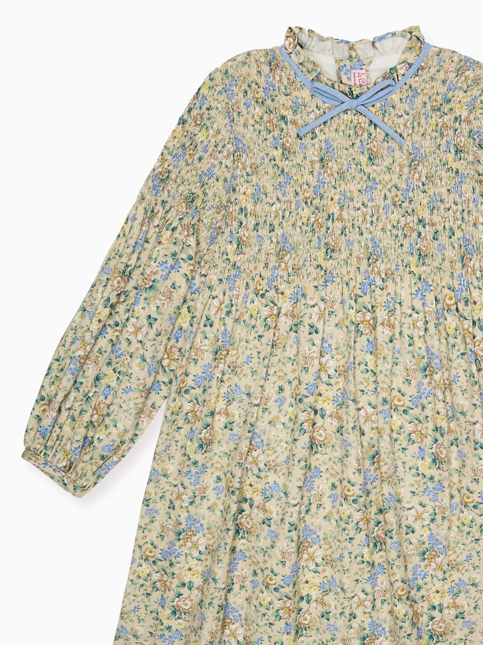 Beige Floral Raya Girl Hand-Smocked Dress