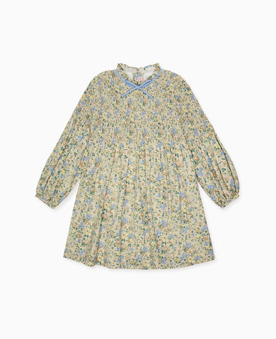 Beige Floral Raya Girl Hand-Smocked Dress