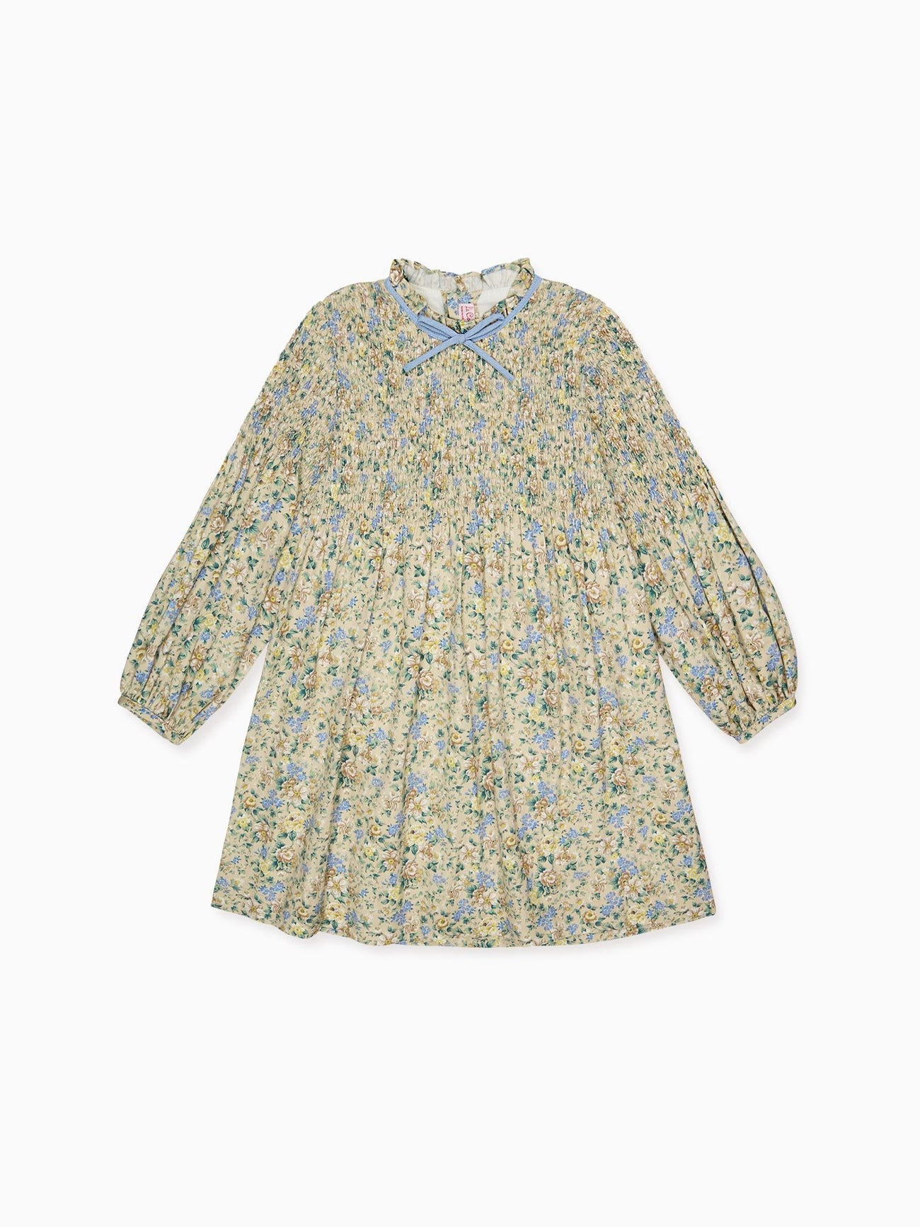 Beige Floral Raya Girl Hand-Smocked Dress