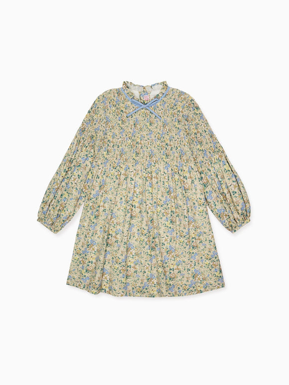 Beige Floral Raya Girl Hand-Smocked Dress