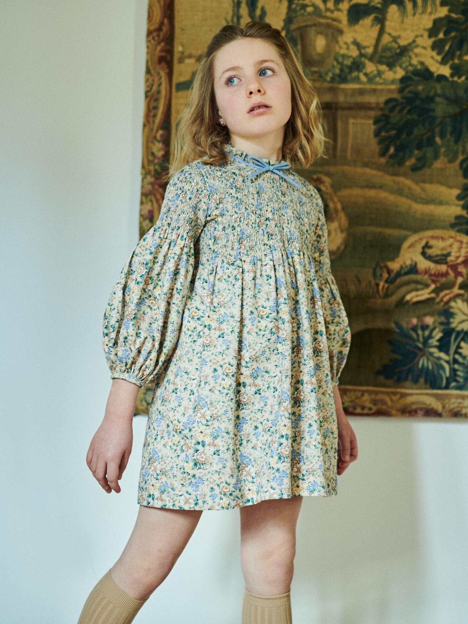 Beige Floral Raya Girl Hand-Smocked Dress