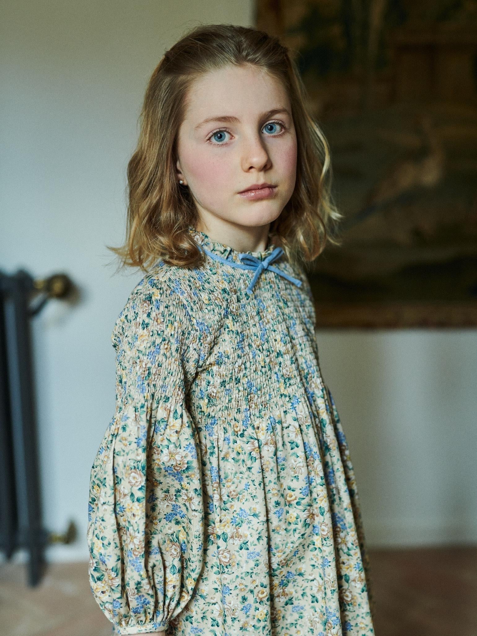 Beige Floral Raya Girl Hand-Smocked Dress