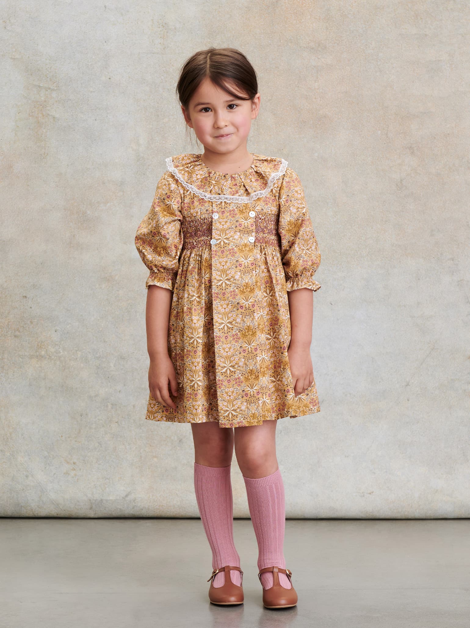 Mustard Floral Roda Girl Smock Dress