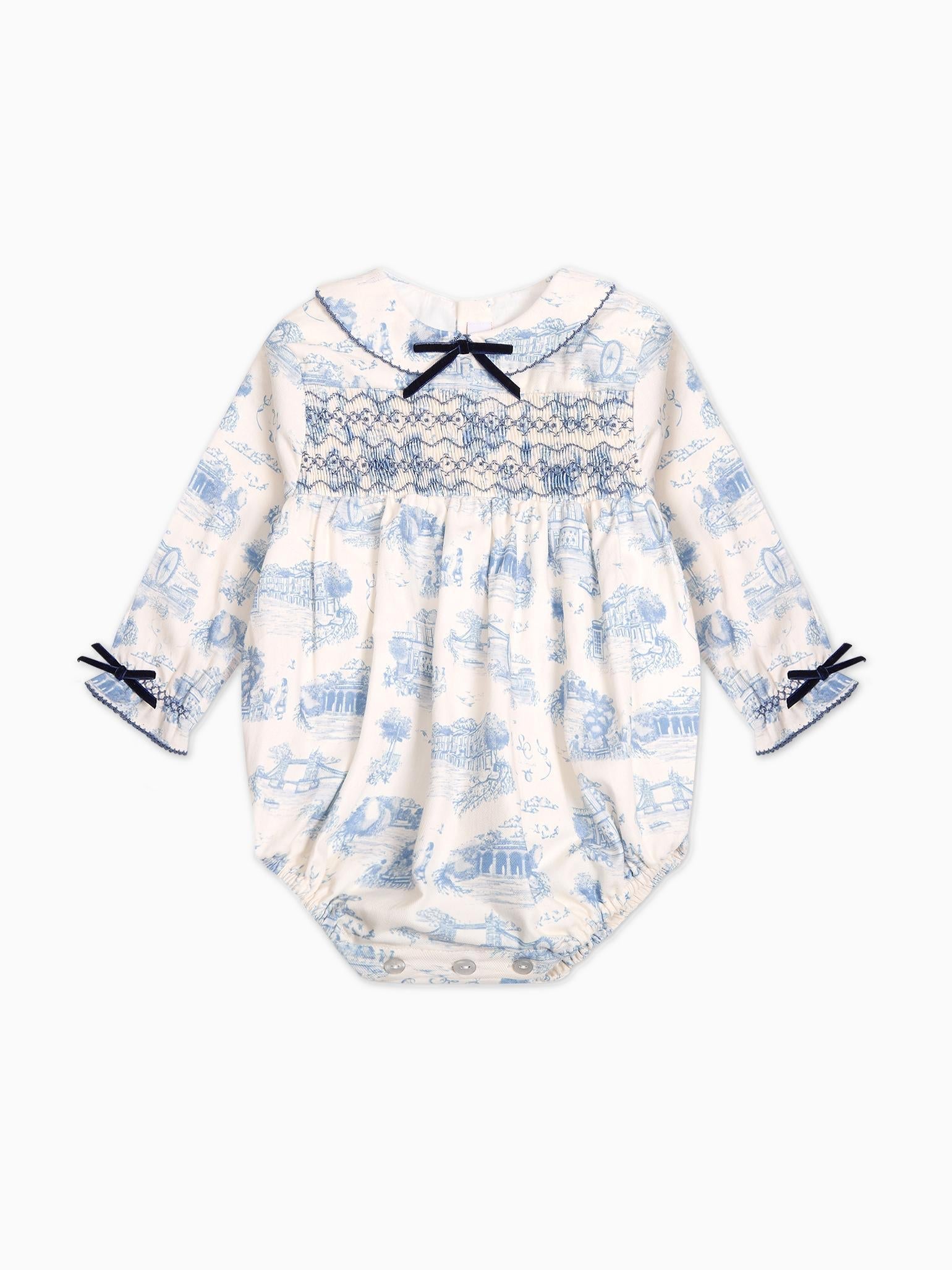 Blue Toile De Jouy Sabrina Baby Girl Smocked Romper