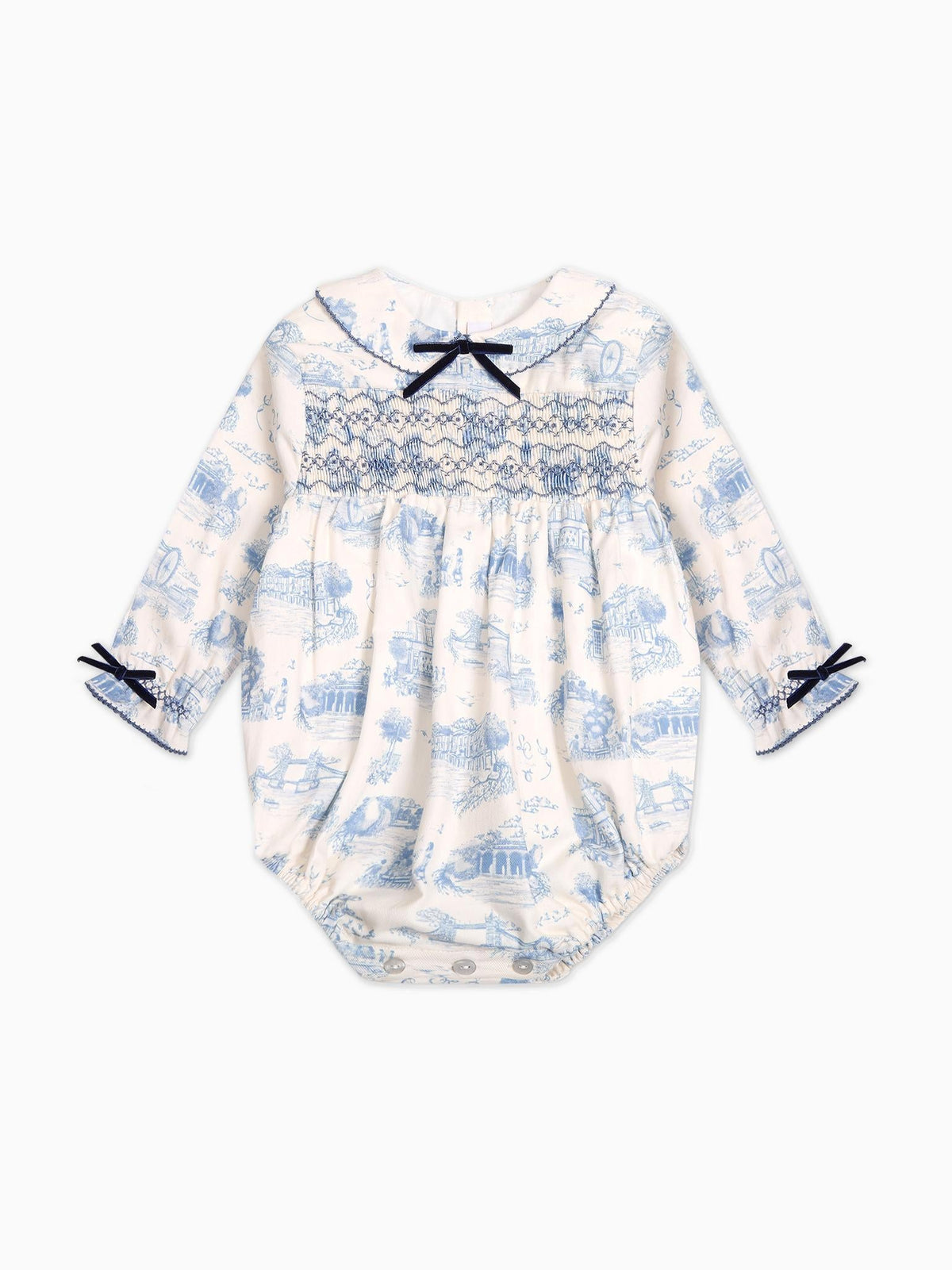Blue Toile De Jouy Sabrina Baby Girl Smocked Romper