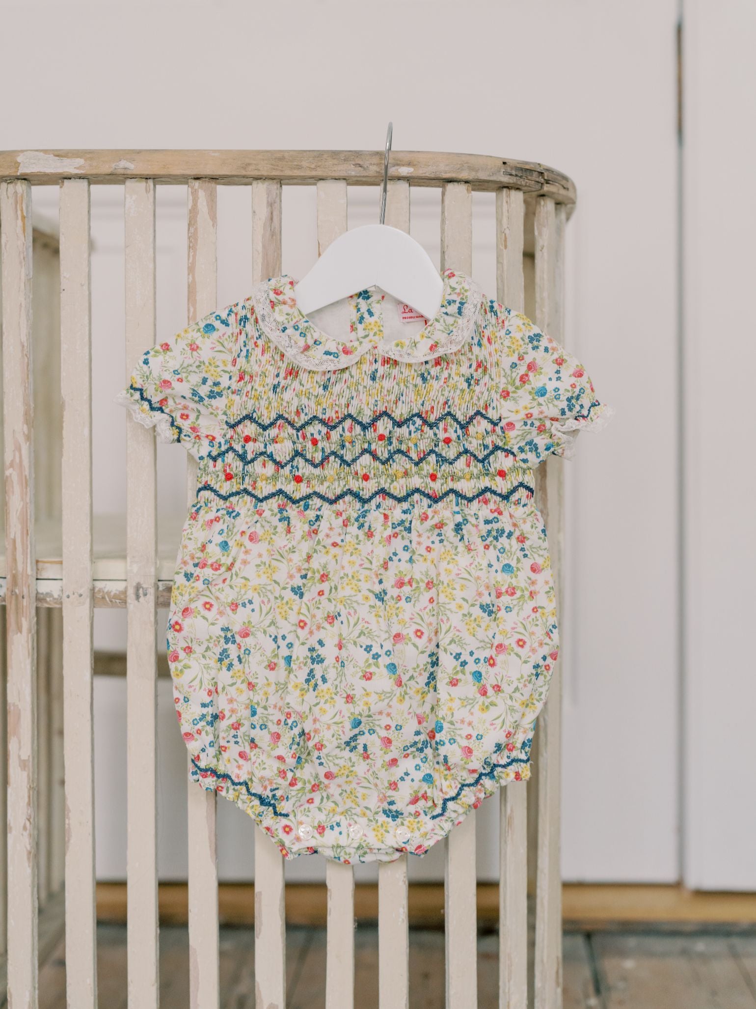 Ivory Floral Sabrina Baby Girl Hand-Smocked Romper