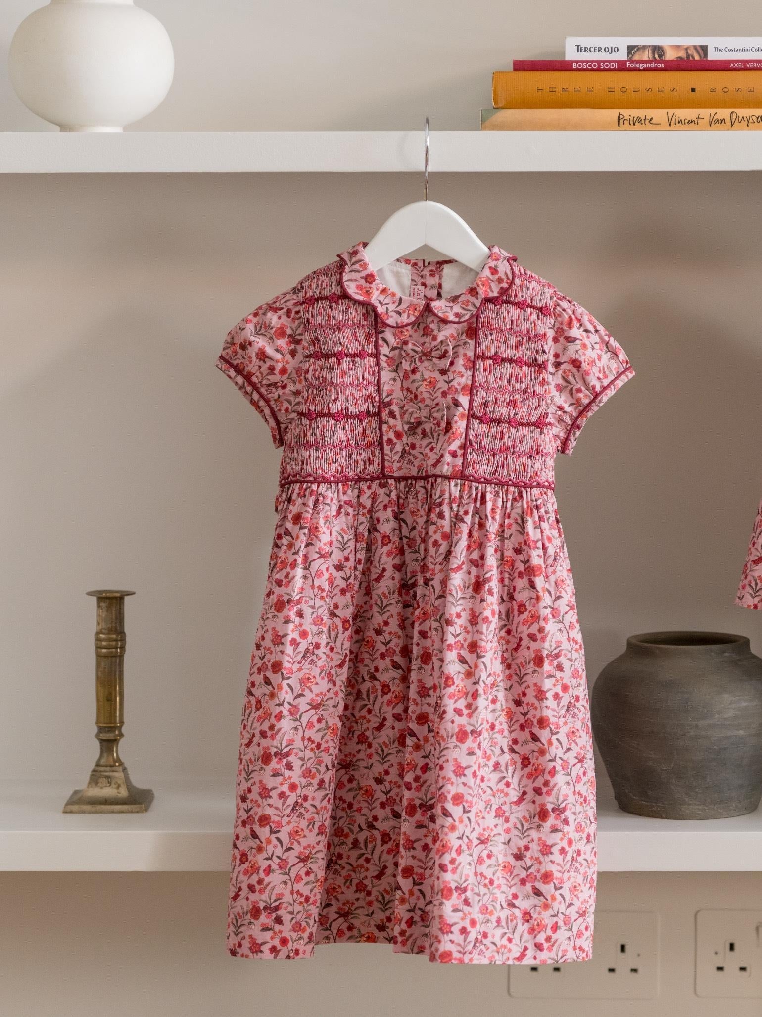 Pink Bird Floral Scarlett Girl Hand-Smocked Dress
