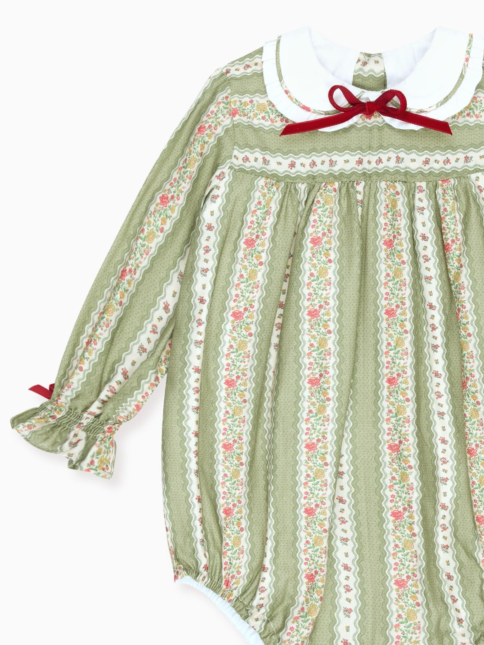 Sage Green Floral Stripe Senna Baby Girl Romper