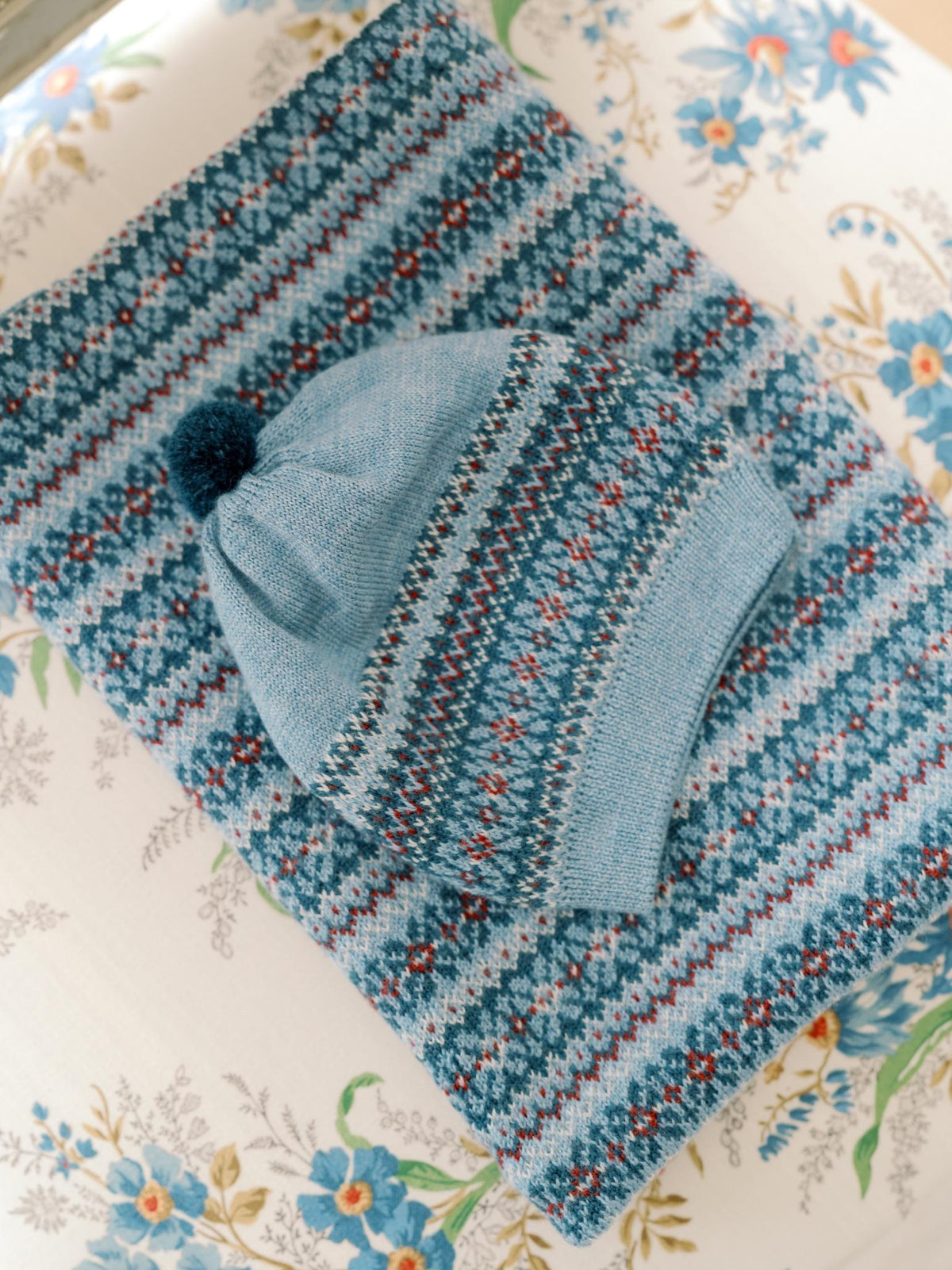 Dusty Blue Merino Fair Isle Kids Bobble Hat