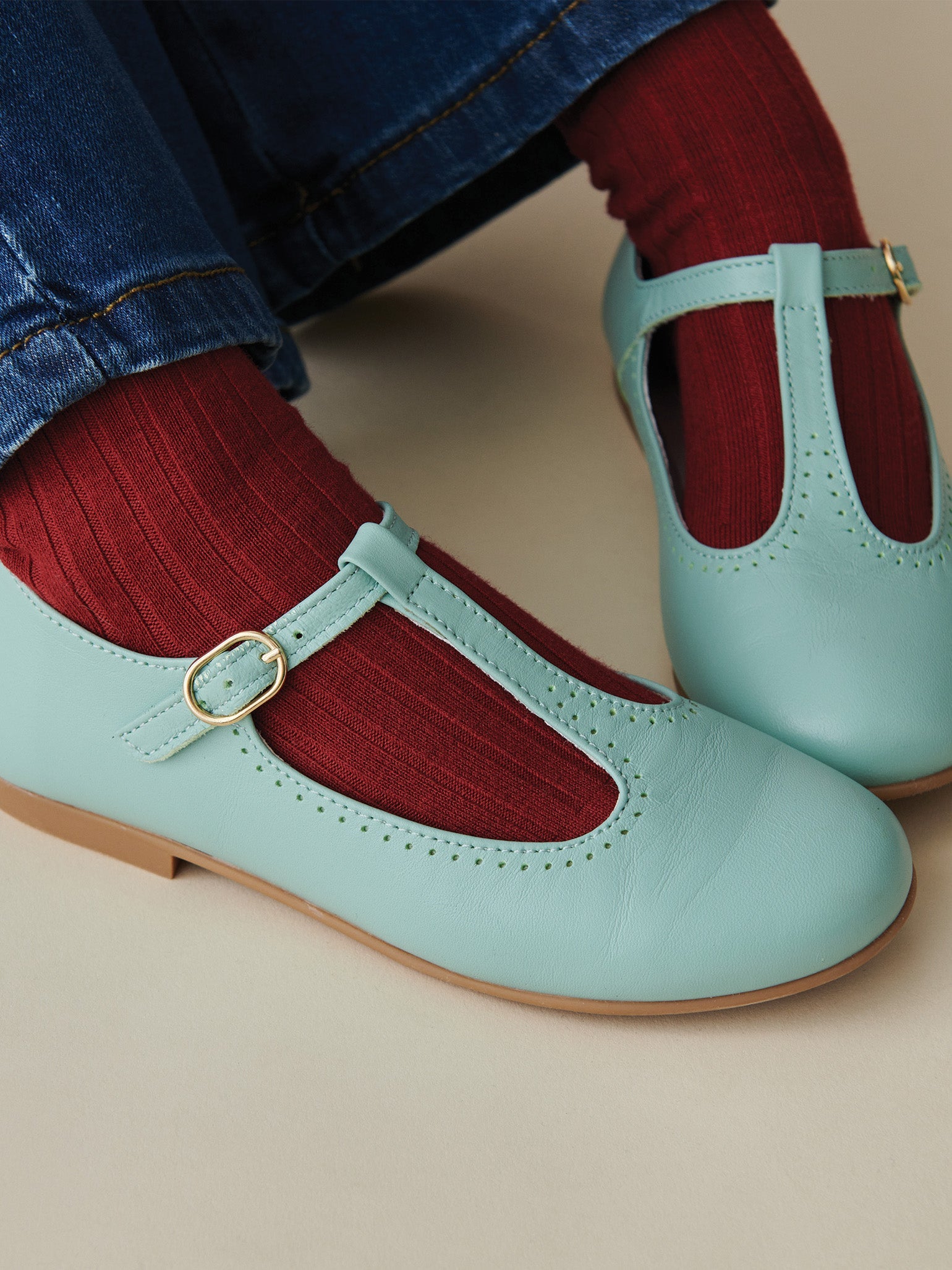 Pale Green Leather Girl T-Bar Shoes