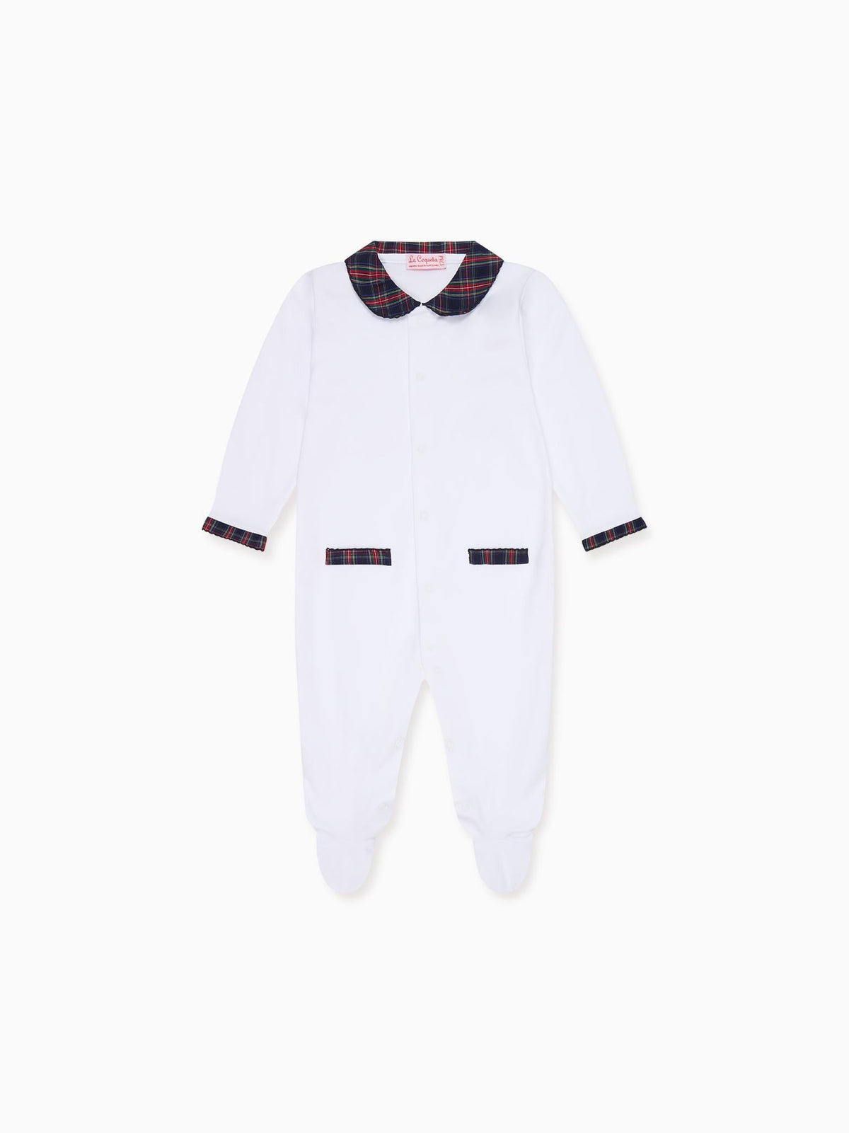 White & Navy Tartan Lindo Baby Sleepsuit