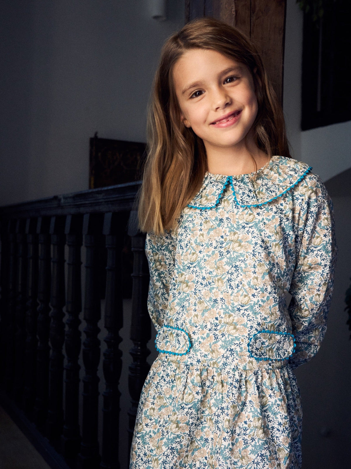Teal Floral Tessa Liberty Girl Drop Waist Dress