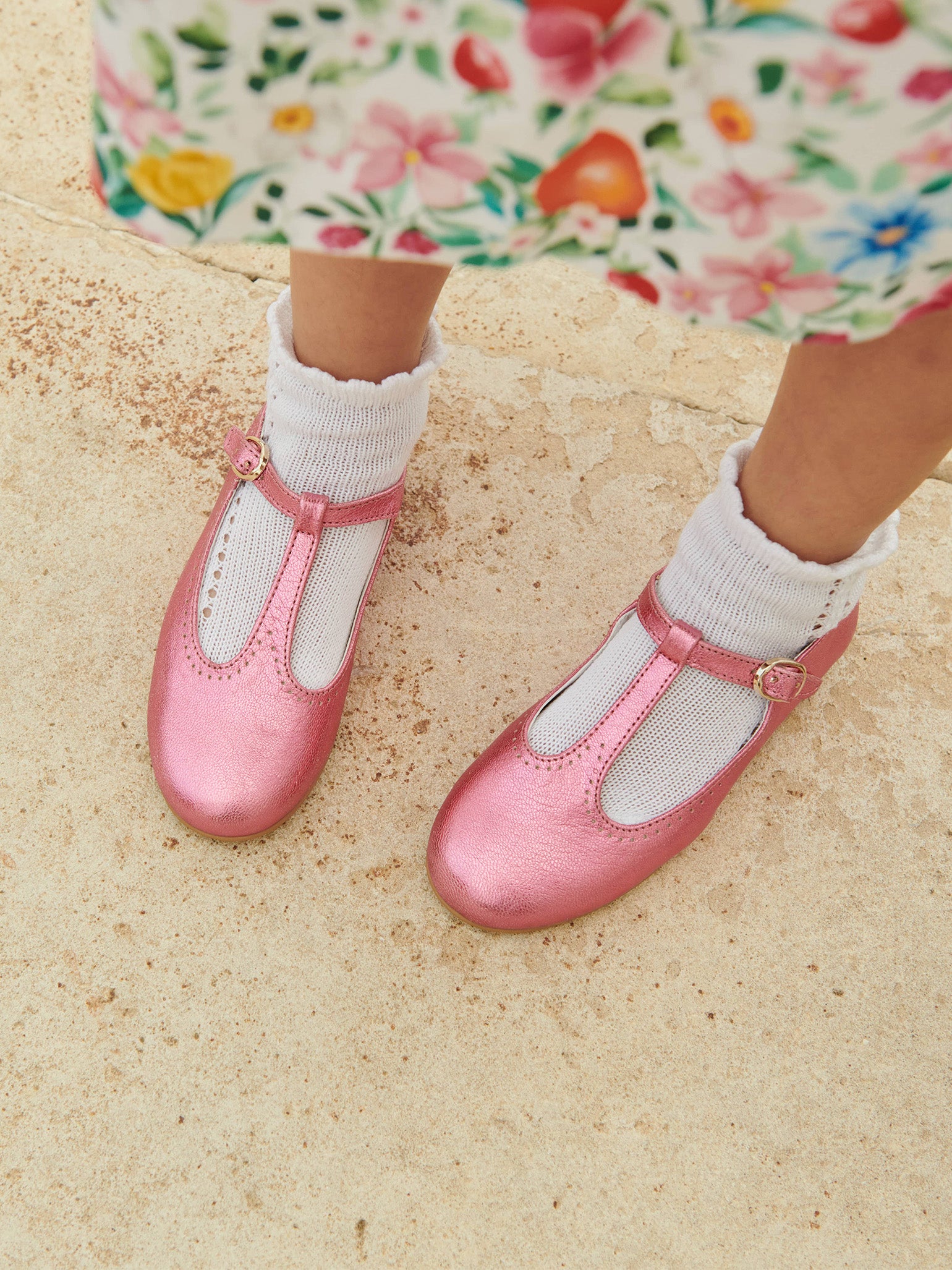 Pink Metallic Leather Girl T-Bar Shoes