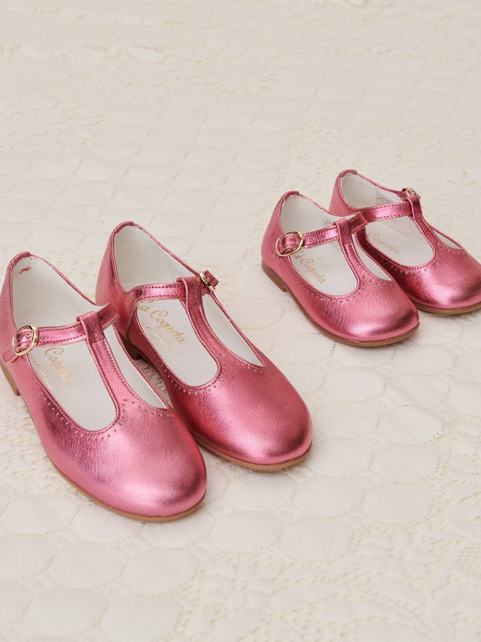 Pink Metallic Leather Girl T-Bar Shoes